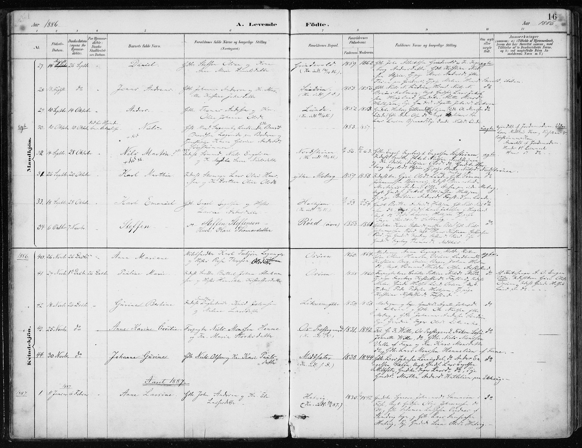 Os sokneprestembete, AV/SAB-A-99929: Parish register (official) no. B 1, 1885-1902, p. 16