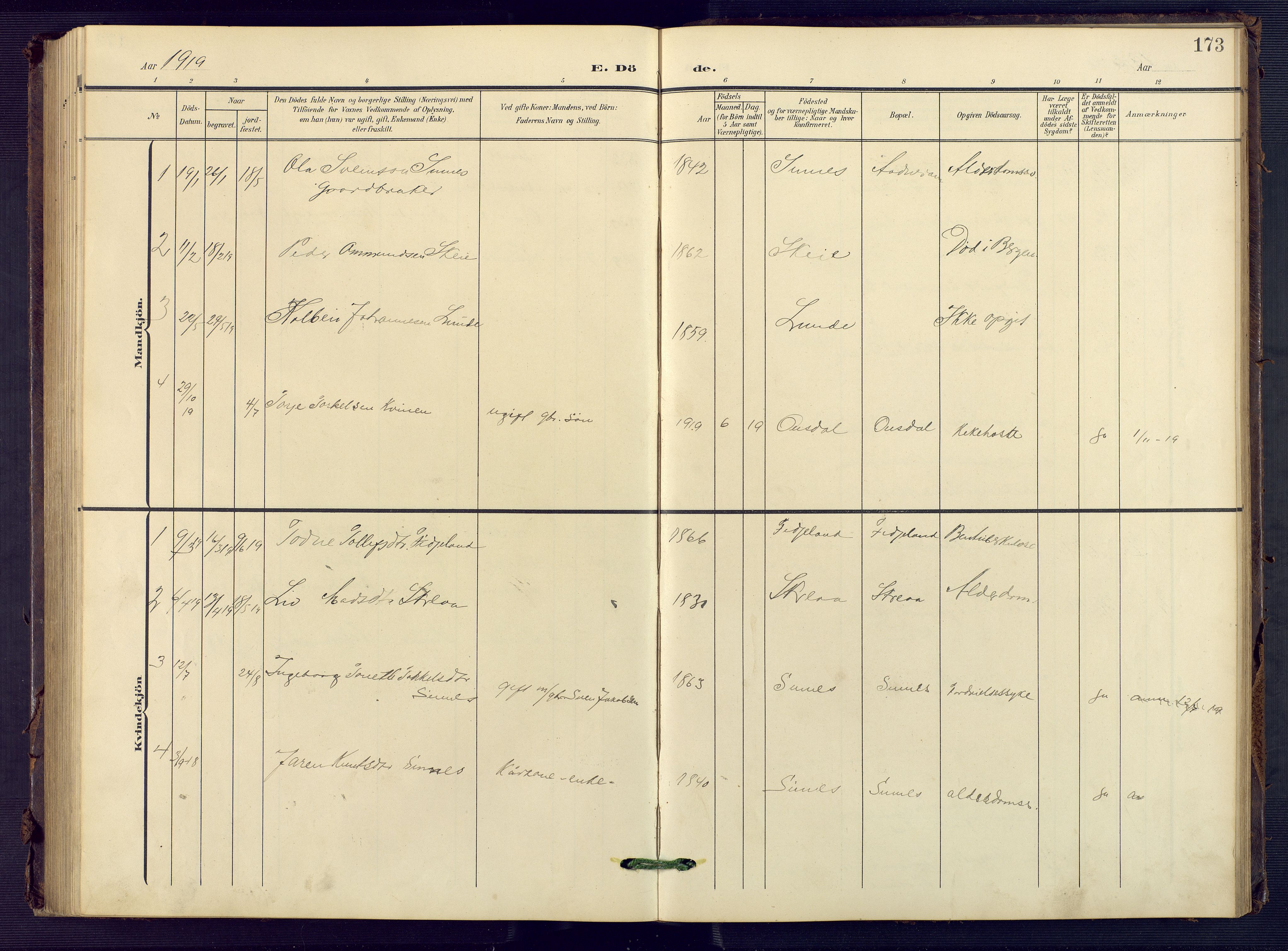 Sirdal sokneprestkontor, AV/SAK-1111-0036/F/Fb/Fba/L0002: Parish register (copy) no. B 2, 1905-1958, p. 173