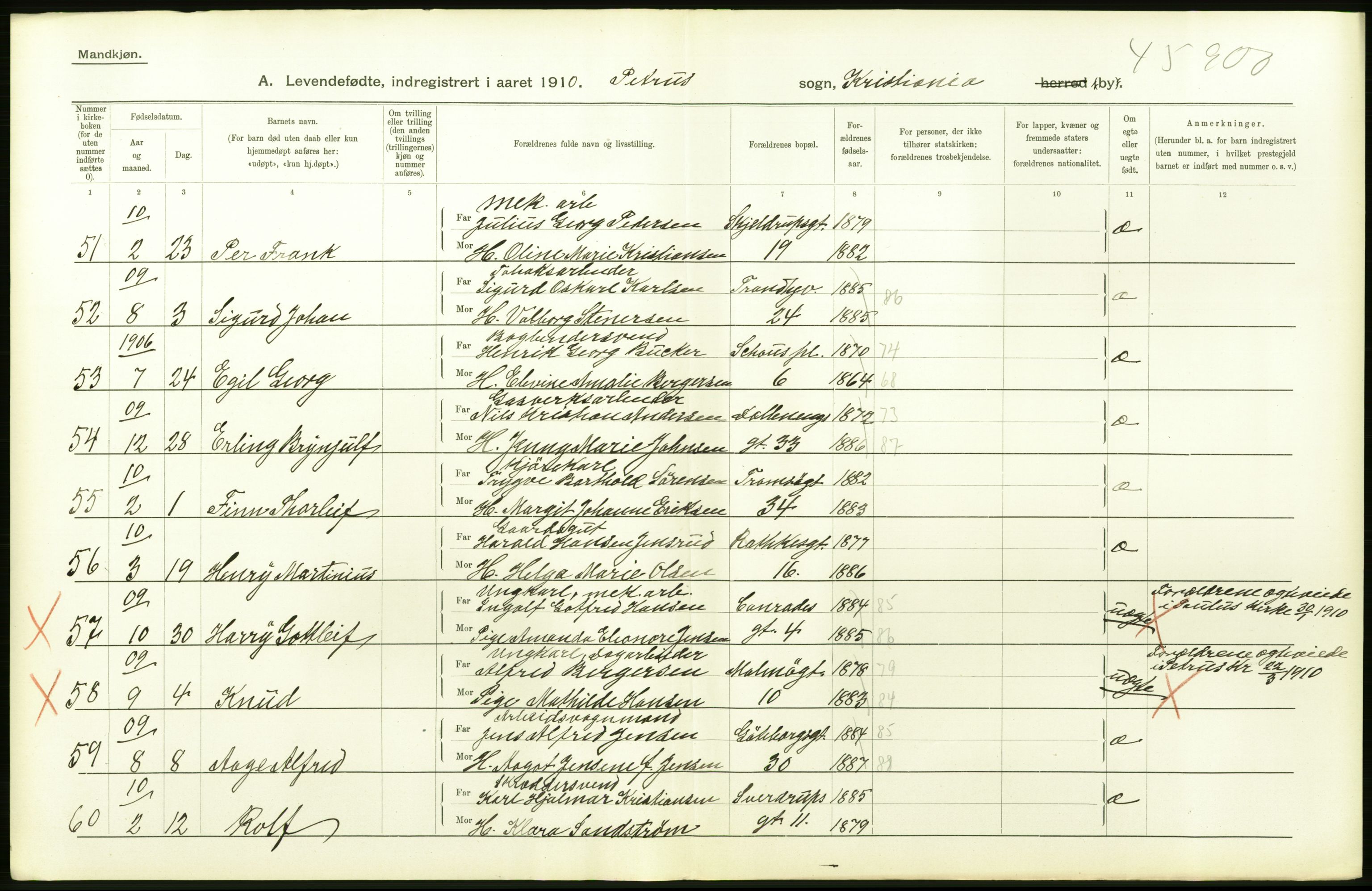 Statistisk sentralbyrå, Sosiodemografiske emner, Befolkning, AV/RA-S-2228/D/Df/Dfa/Dfah/L0006: Kristiania: Levendefødte menn., 1910, p. 410