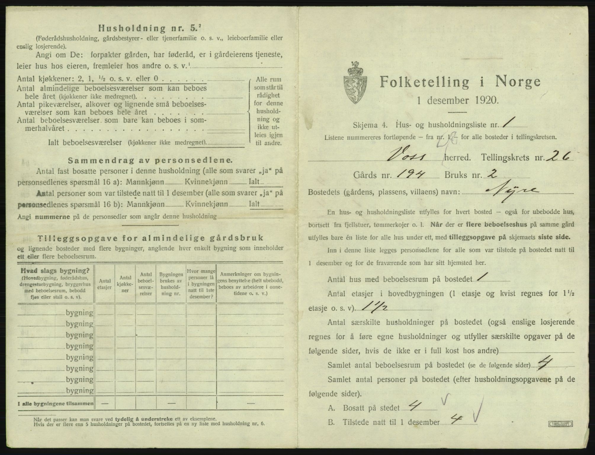 SAB, 1920 census for Voss, 1920, p. 2325