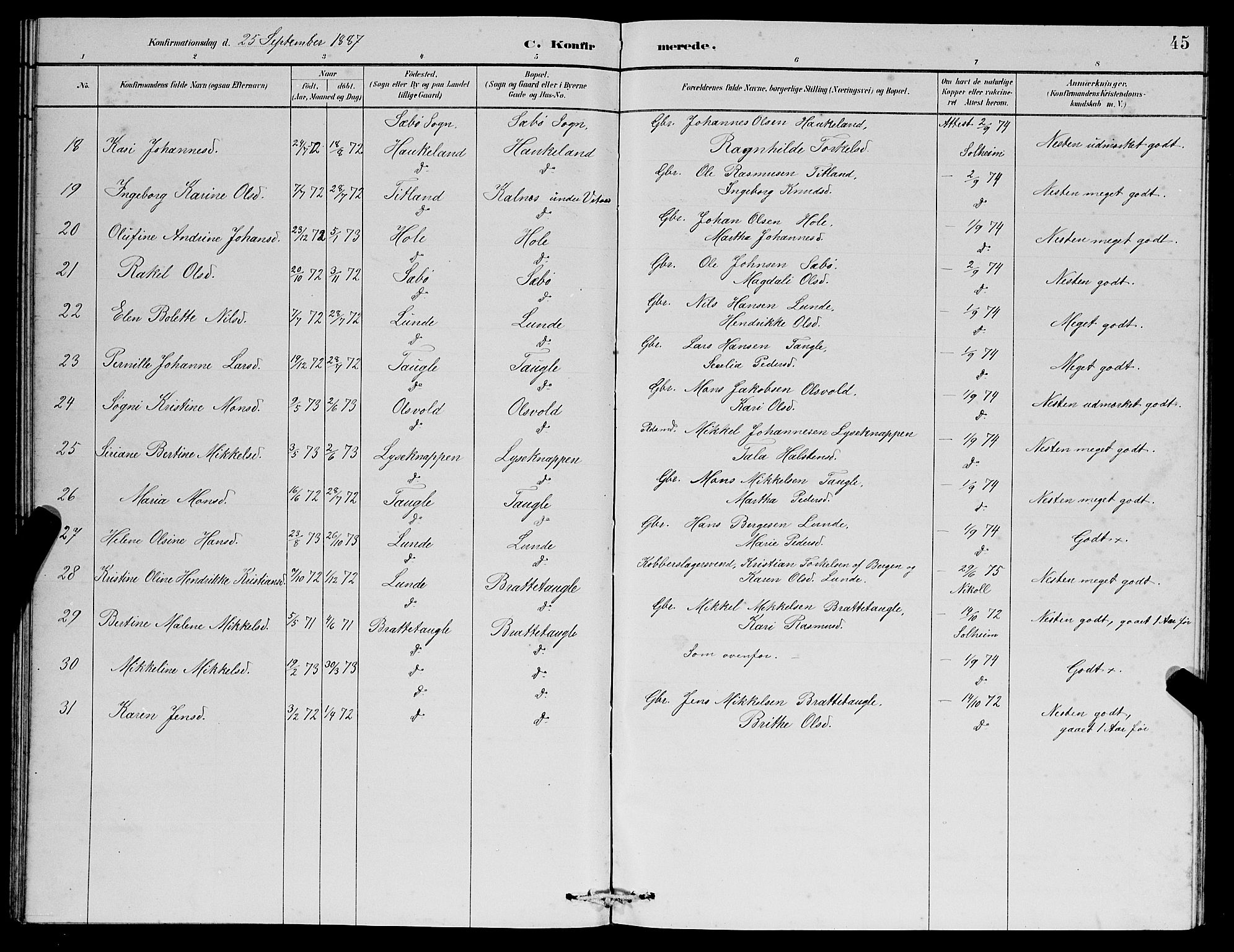 Manger sokneprestembete, SAB/A-76801/H/Hab: Parish register (copy) no. D 2, 1883-1894, p. 45