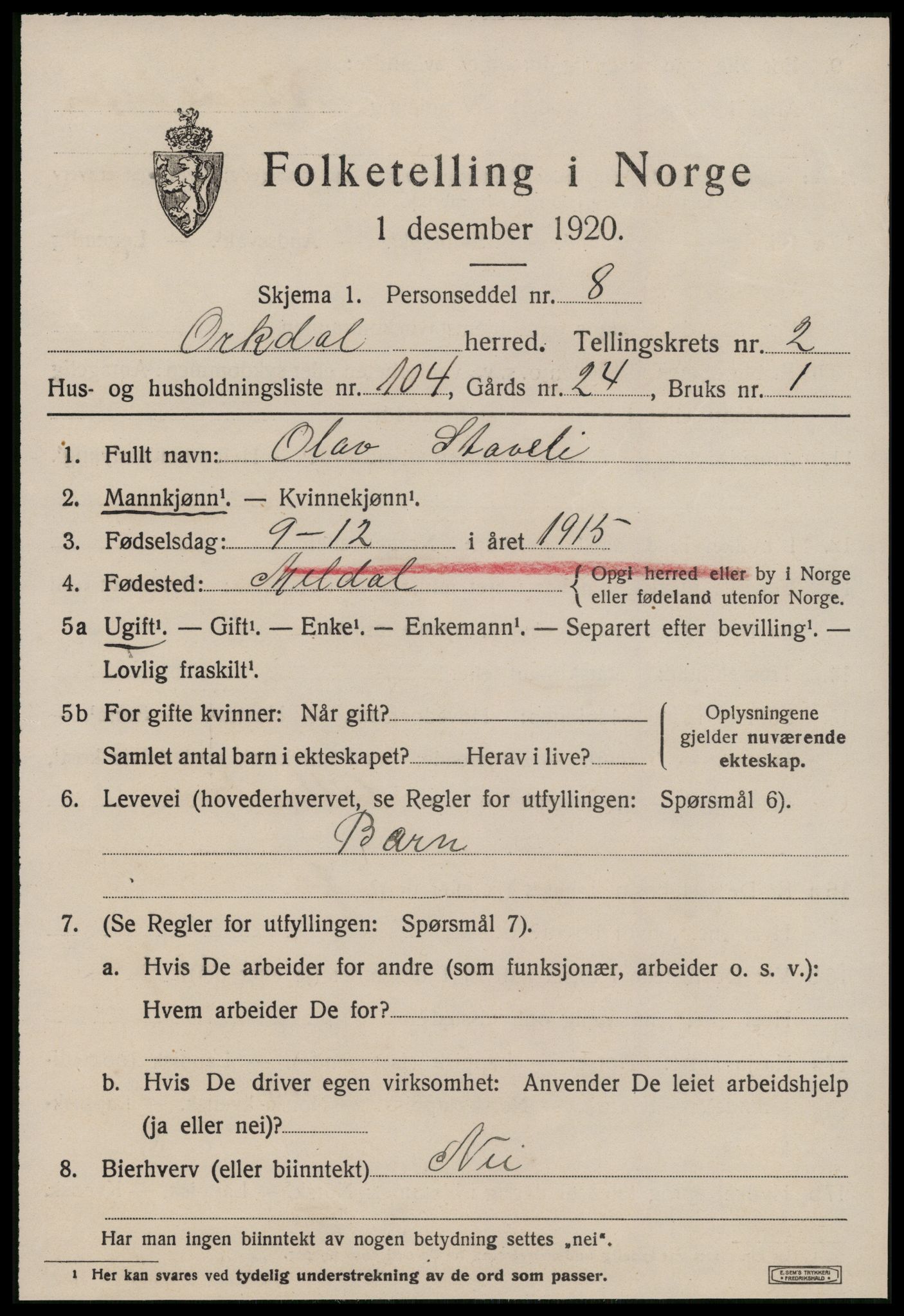 SAT, 1920 census for Orkdal, 1920, p. 3124