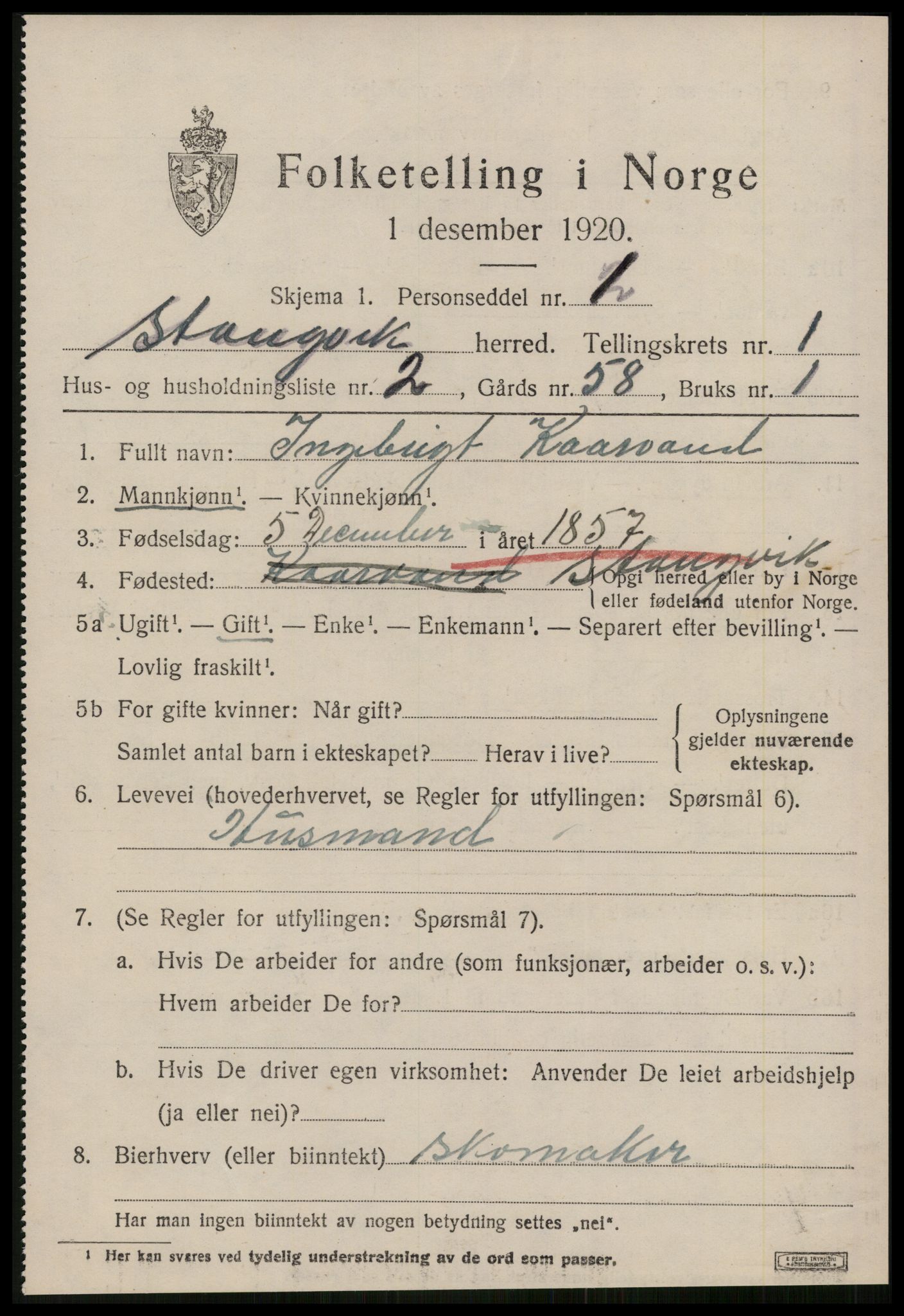 SAT, 1920 census for Stangvik, 1920, p. 778