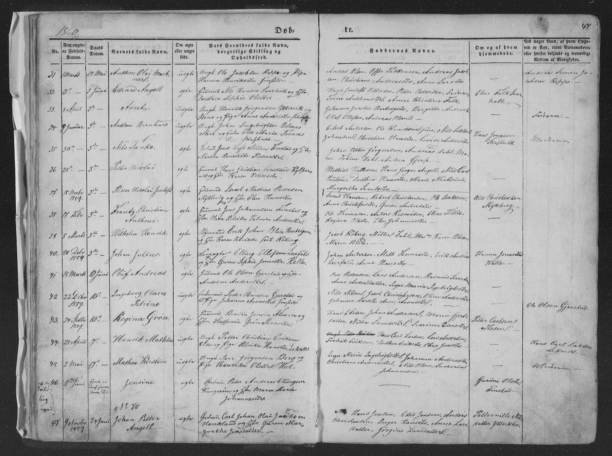 Ministerialprotokoller, klokkerbøker og fødselsregistre - Nordland, SAT/A-1459/881/L1165: Parish register (copy) no. 881C02, 1854-1876, p. 47