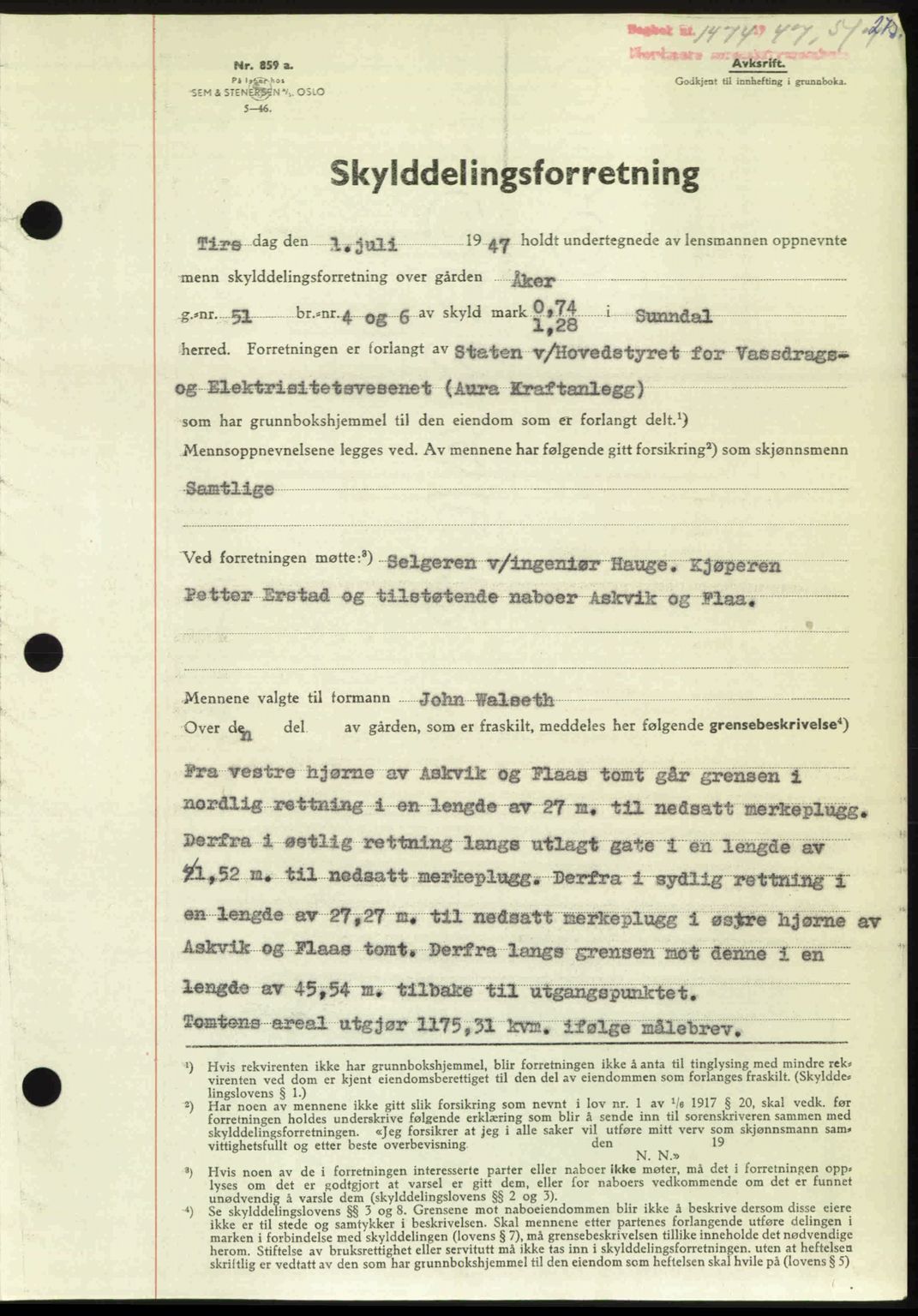 Nordmøre sorenskriveri, AV/SAT-A-4132/1/2/2Ca: Mortgage book no. A105, 1947-1947, Diary no: : 1474/1947