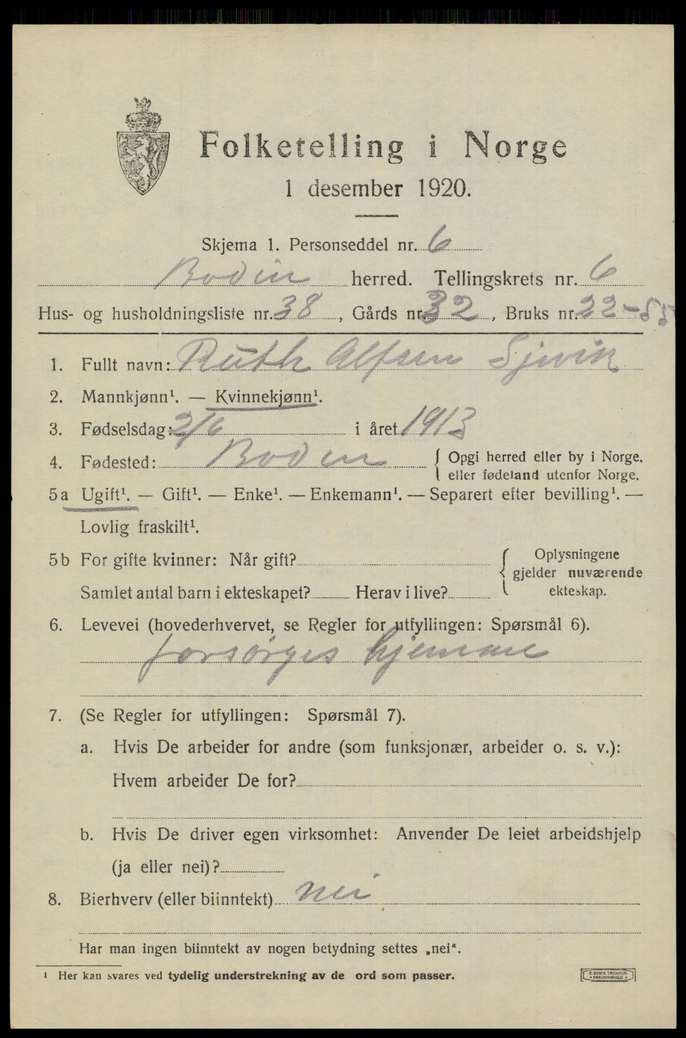 SAT, 1920 census for Bodin, 1920, p. 3956