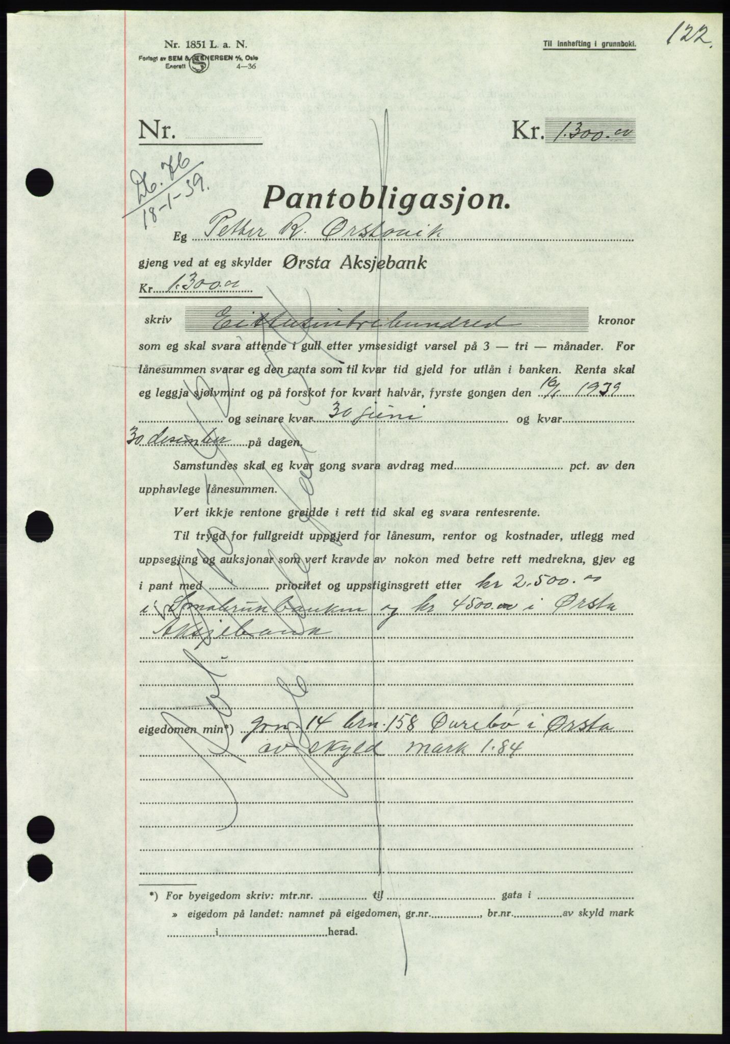 Søre Sunnmøre sorenskriveri, AV/SAT-A-4122/1/2/2C/L0067: Mortgage book no. 61, 1938-1939, Diary no: : 76/1939