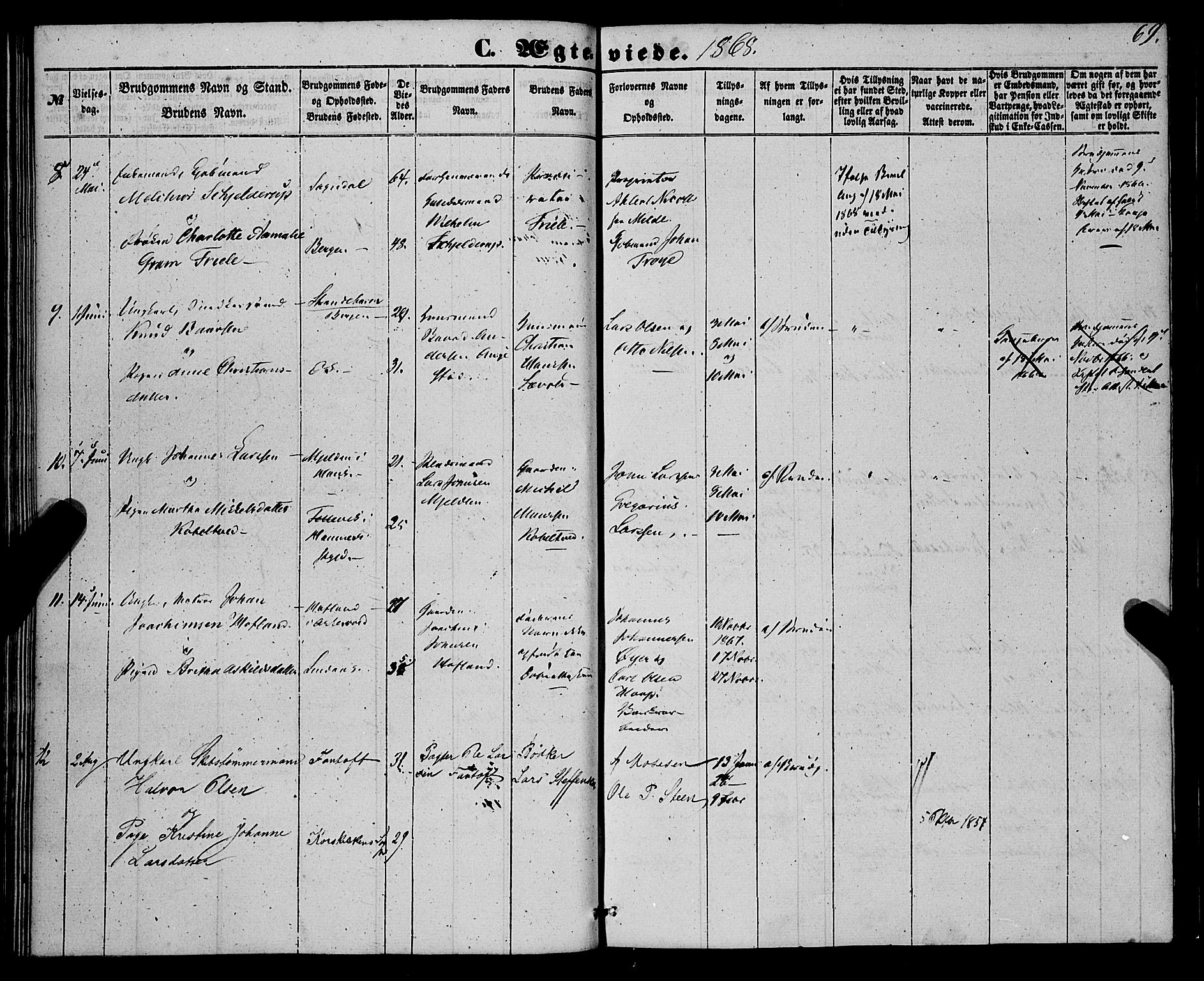 St. Jørgens hospital og Årstad sokneprestembete, AV/SAB-A-99934: Parish register (official) no. A 9, 1853-1878, p. 69