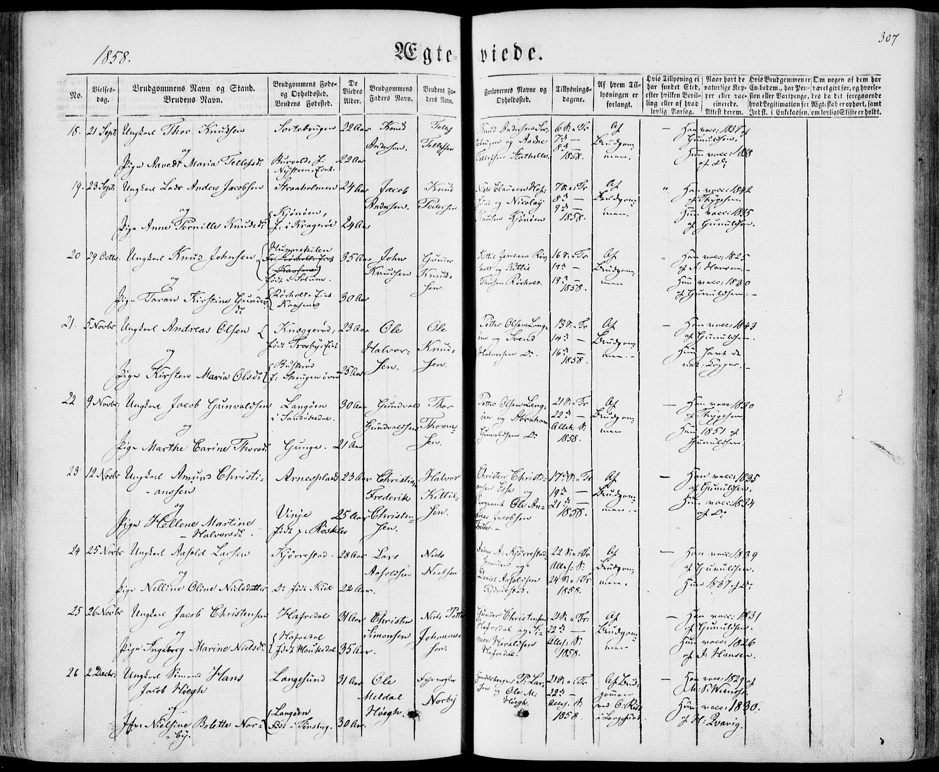 Bamble kirkebøker, SAKO/A-253/F/Fa/L0005: Parish register (official) no. I 5, 1854-1869, p. 307