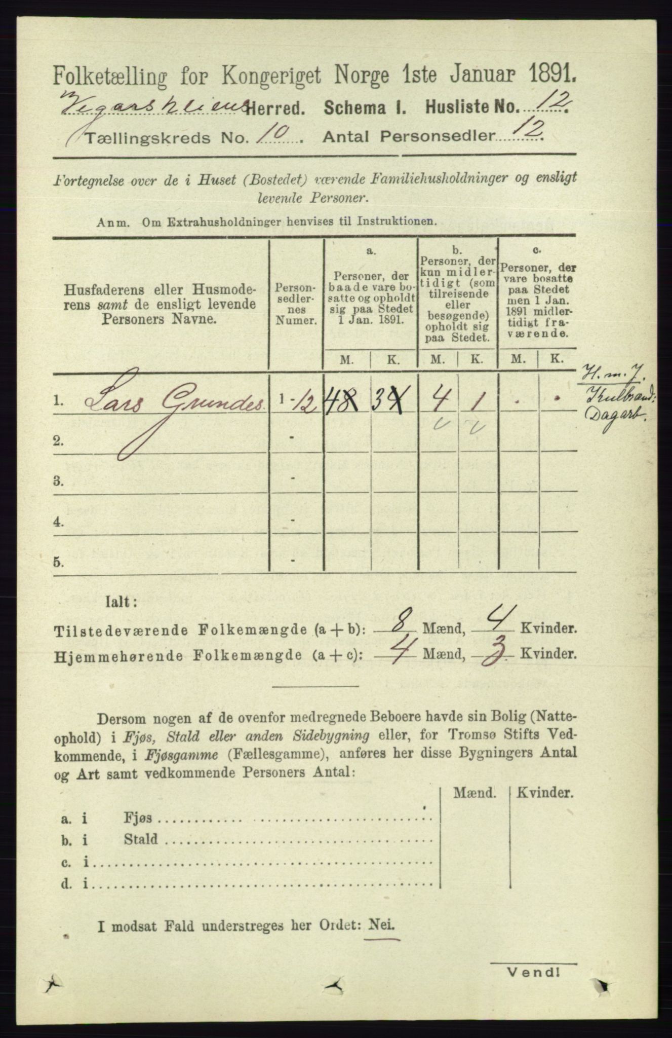 RA, 1891 census for 0912 Vegårshei, 1891, p. 1890