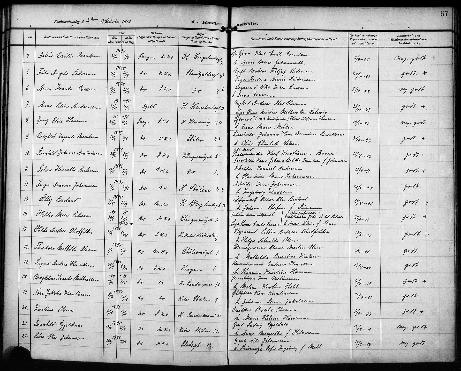 Mariakirken Sokneprestembete, AV/SAB-A-76901/H/Hab/L0009: Parish register (copy) no. A 9, 1901-1919, p. 57