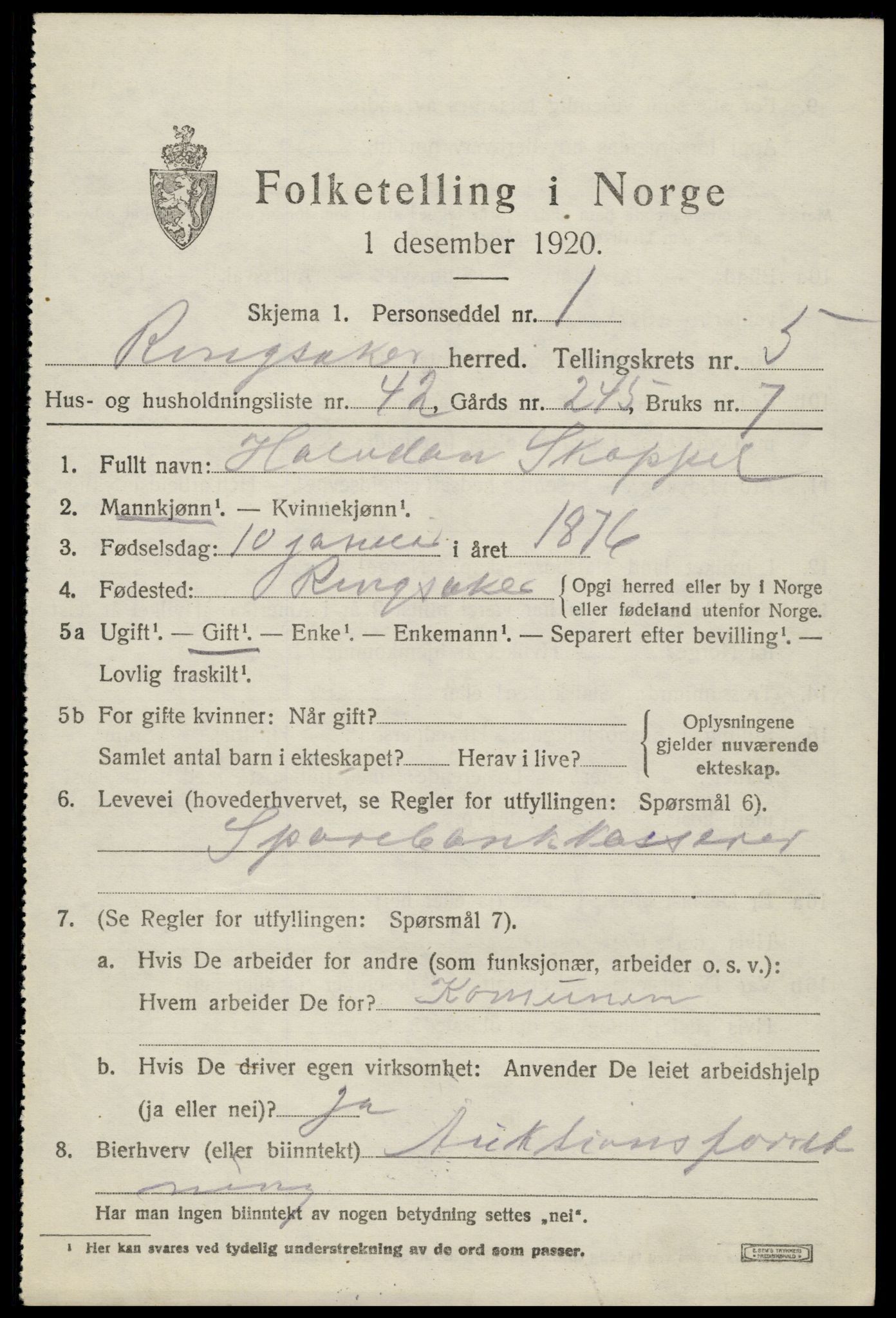 SAH, 1920 census for Ringsaker, 1920, p. 10232