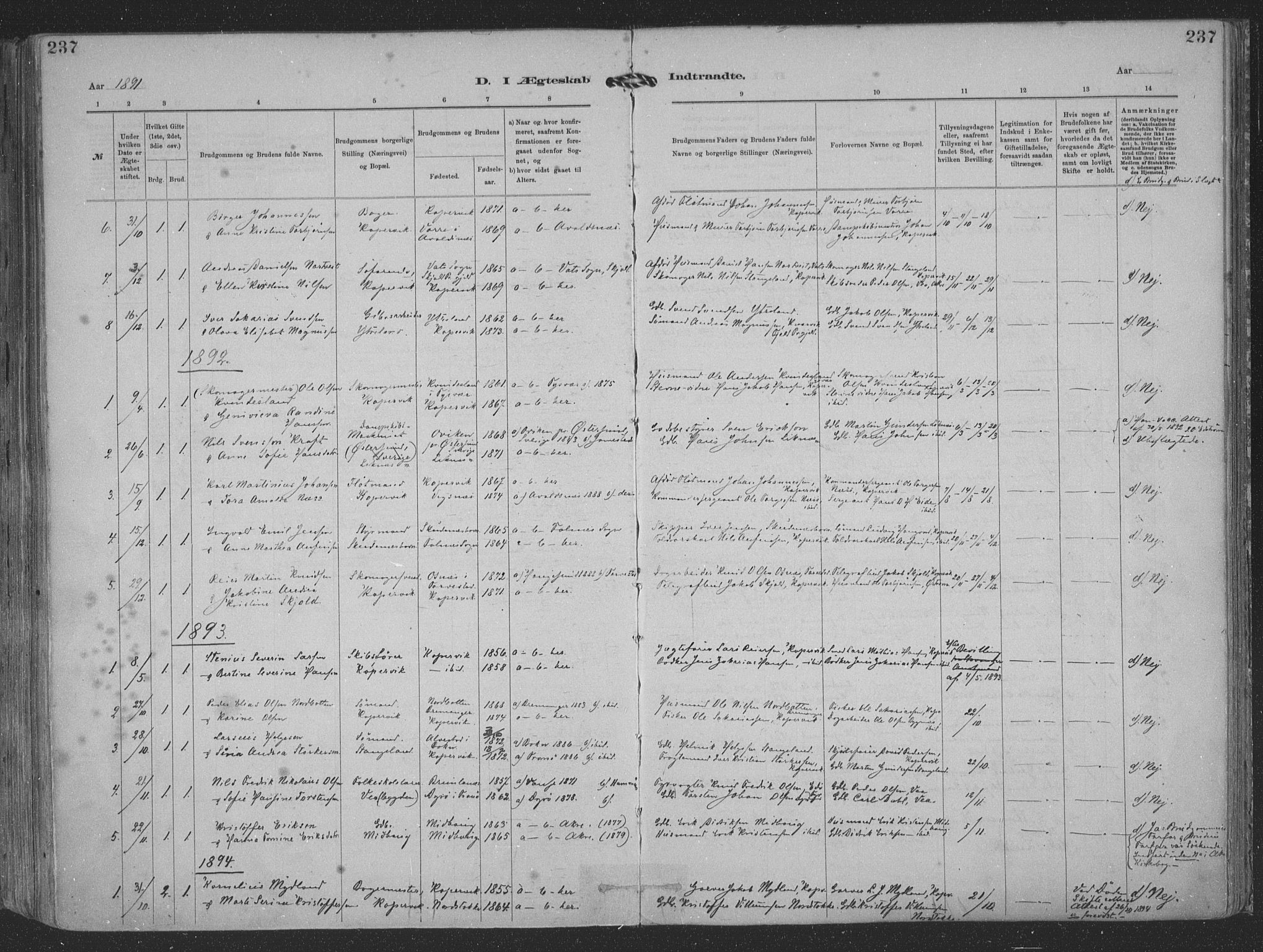 Kopervik sokneprestkontor, AV/SAST-A-101850/H/Ha/Haa/L0001: Parish register (official) no. A 1, 1880-1919, p. 237