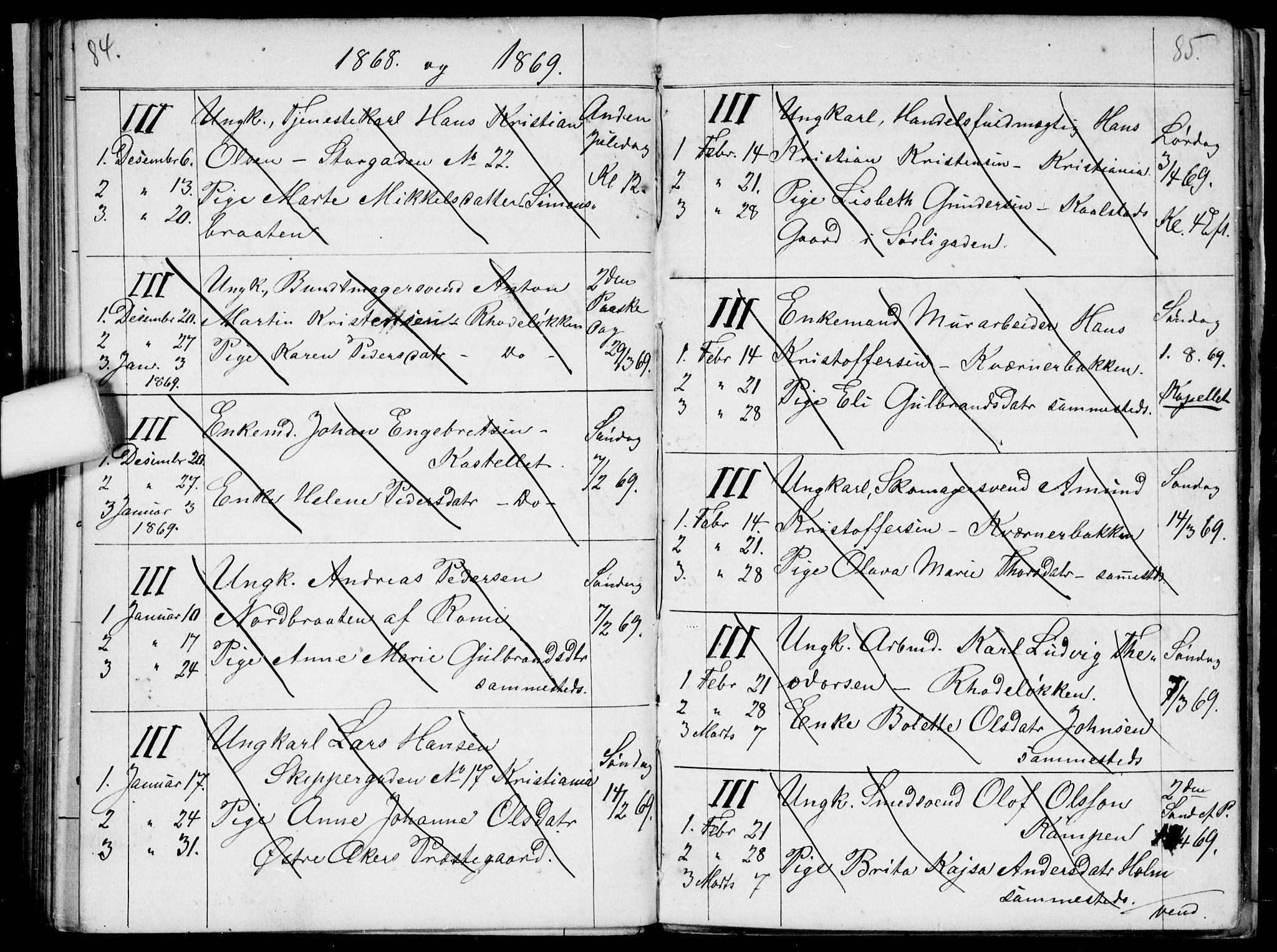 Østre Aker prestekontor Kirkebøker, SAO/A-10840/H/Ha/L0002: Banns register no. I 2, 1861-1872, p. 84-85