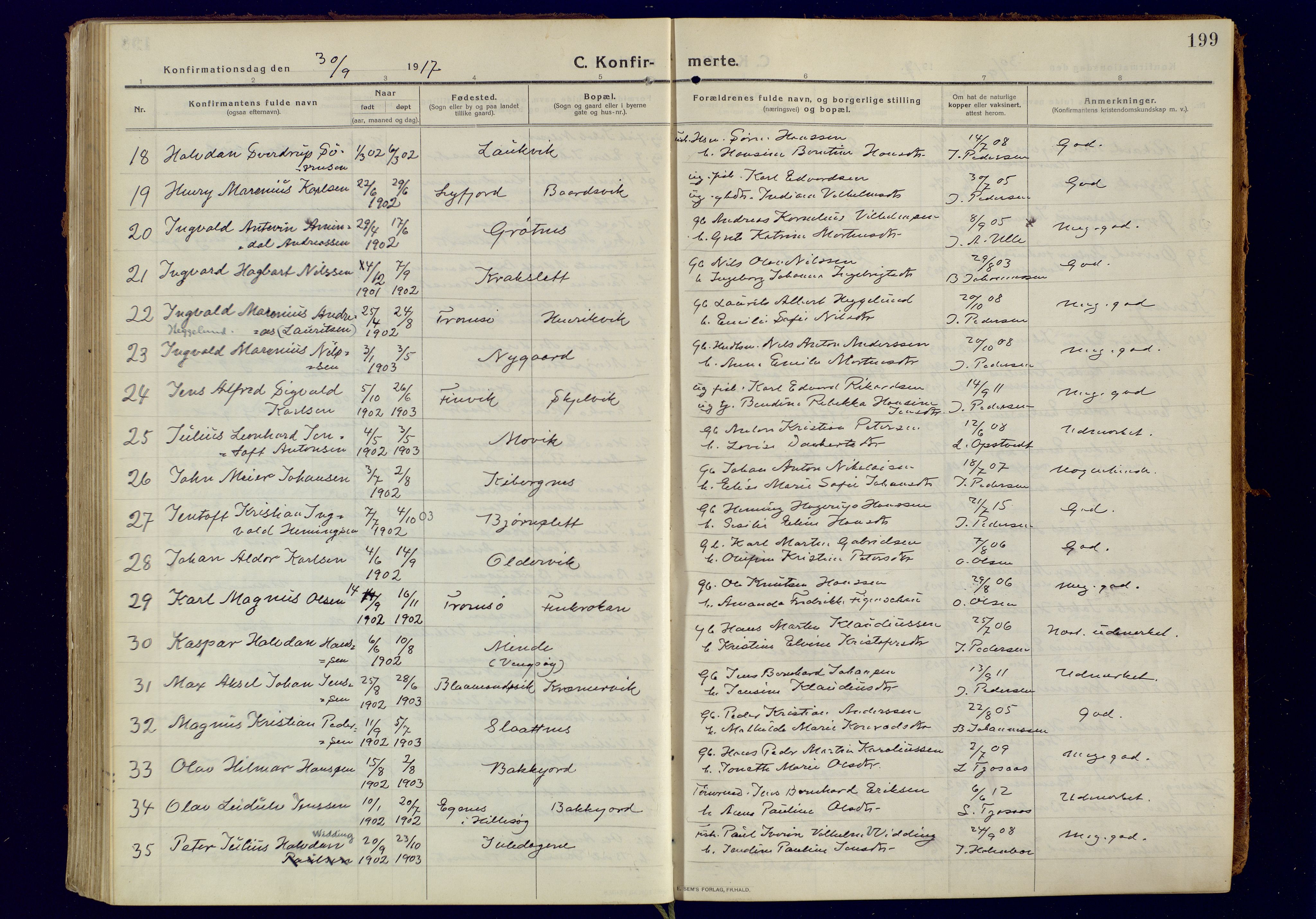 Tromsøysund sokneprestkontor, AV/SATØ-S-1304/G/Ga/L0008kirke: Parish register (official) no. 8, 1914-1922, p. 199