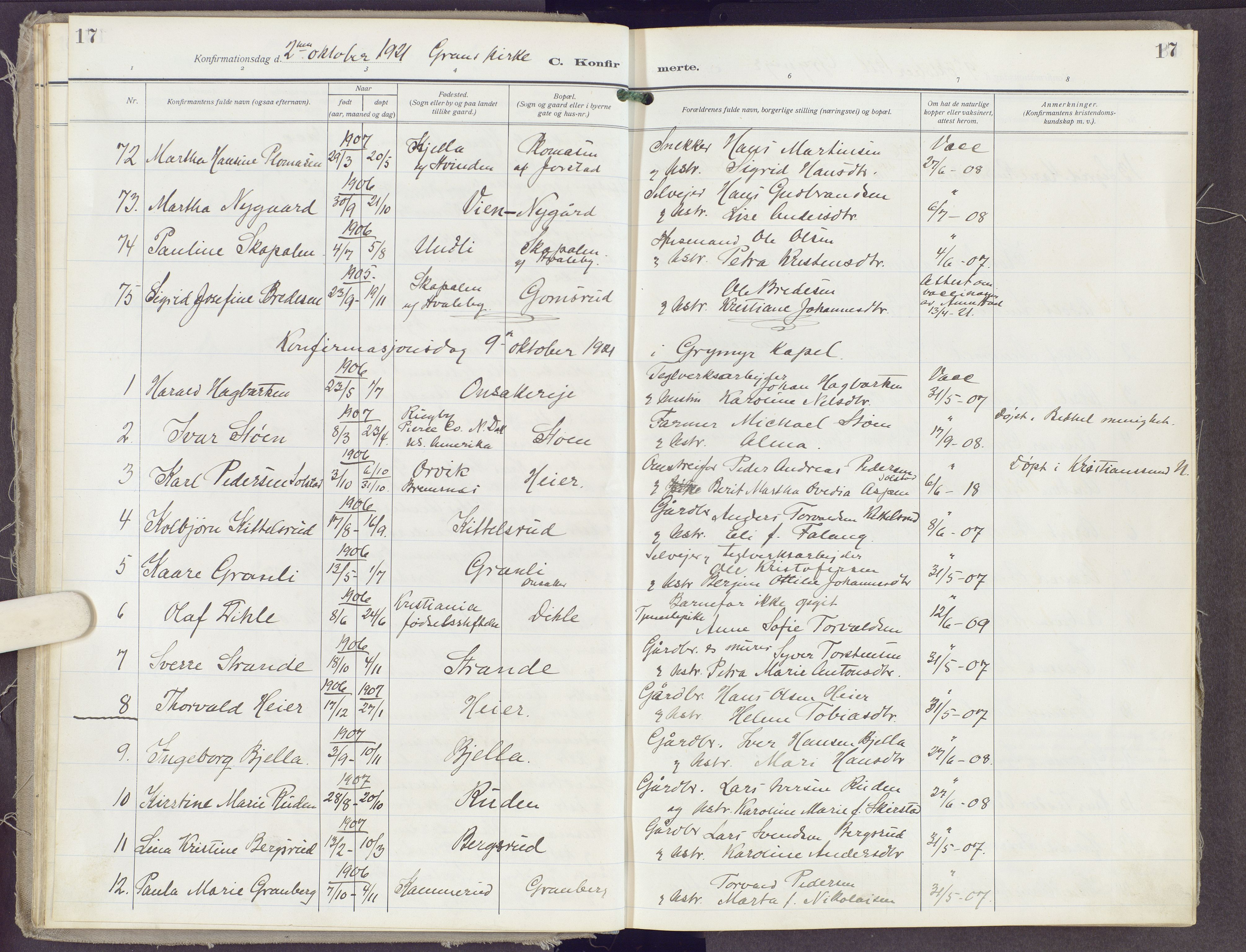 Gran prestekontor, AV/SAH-PREST-112/H/Ha/Haa/L0023: Parish register (official) no. 23, 1919-1938, p. 17