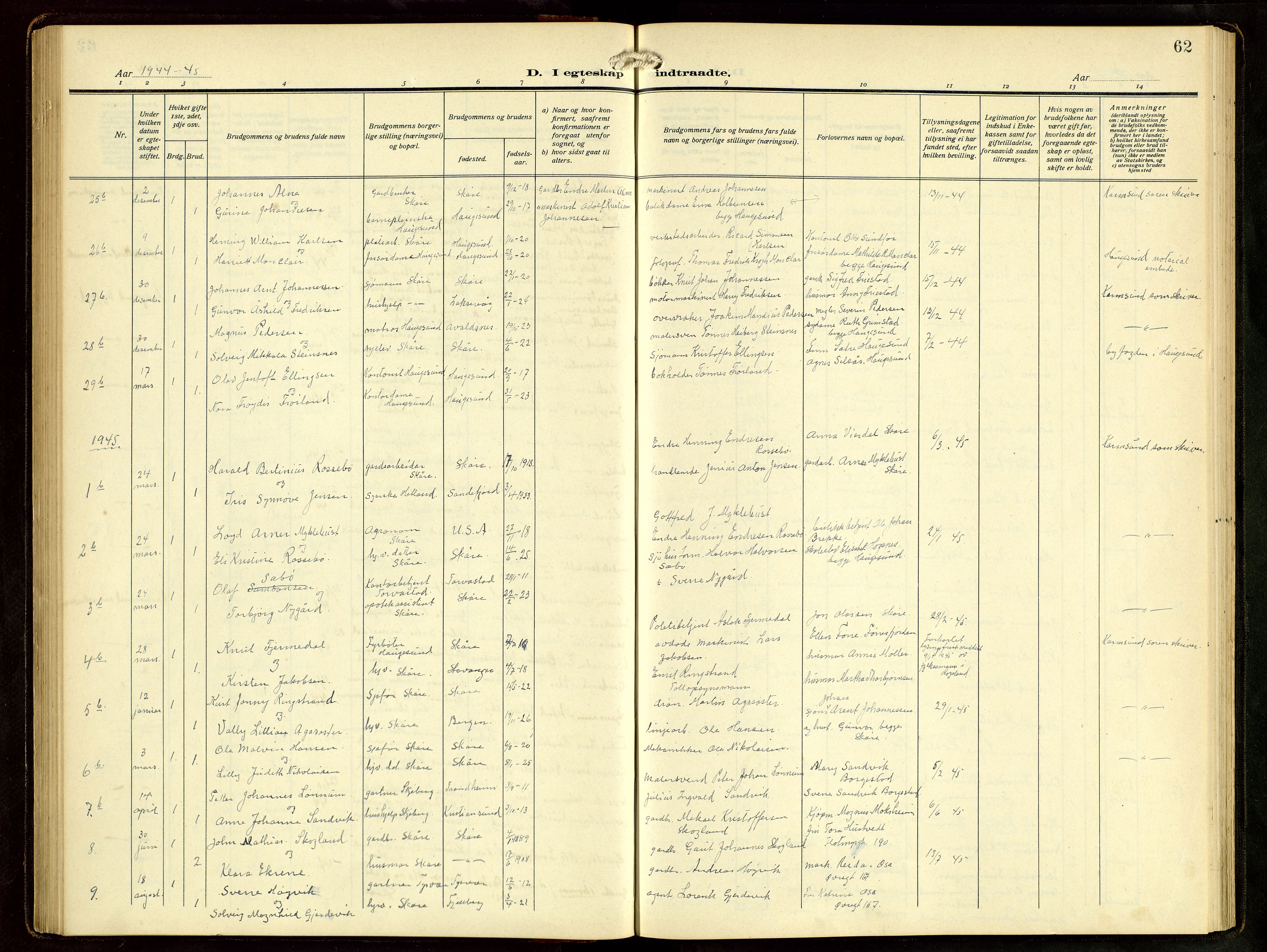 Haugesund sokneprestkontor, SAST/A -101863/H/Ha/Hab/L0006: Parish register (copy) no. B 9, 1909-1951, p. 62