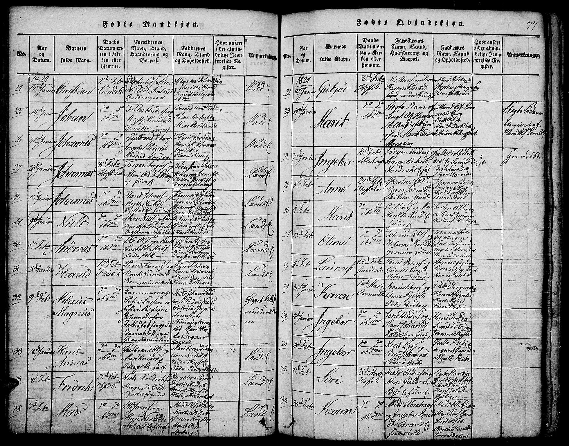 Land prestekontor, AV/SAH-PREST-120/H/Ha/Hab/L0001: Parish register (copy) no. 1, 1814-1833, p. 77