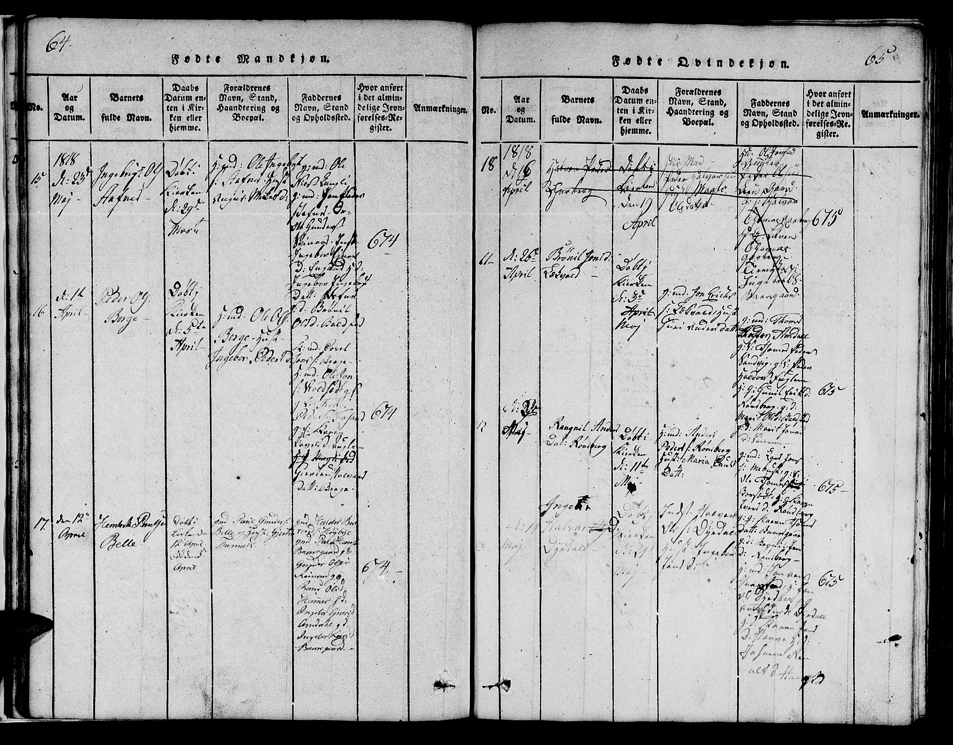 Ministerialprotokoller, klokkerbøker og fødselsregistre - Sør-Trøndelag, AV/SAT-A-1456/695/L1152: Parish register (copy) no. 695C03, 1816-1831, p. 64-65