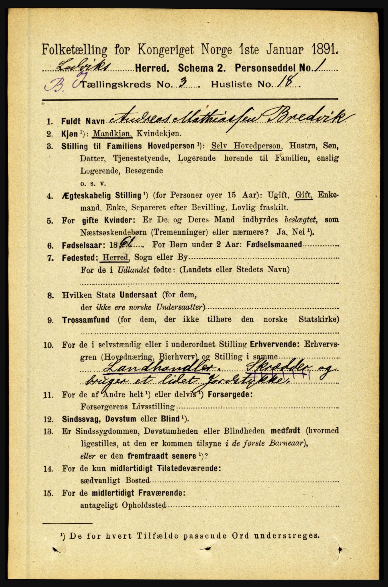 RA, 1891 census for 1415 Lavik og Brekke, 1891, p. 613