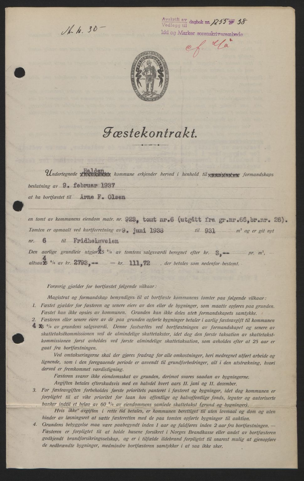 Idd og Marker sorenskriveri, AV/SAO-A-10283/G/Gb/Gbb/L0002: Mortgage book no. A2, 1937-1938, Diary no: : 1255/1938