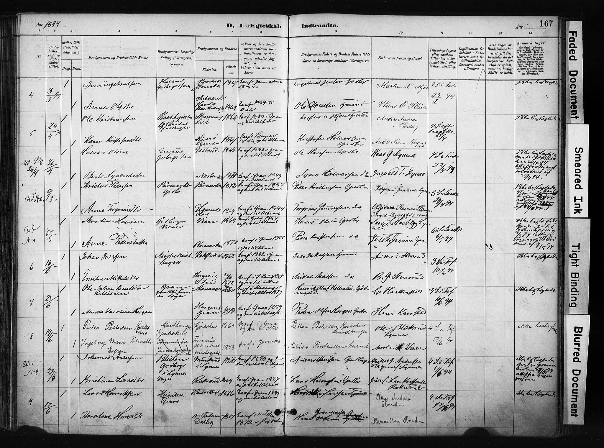 Gran prestekontor, SAH/PREST-112/H/Ha/Haa/L0017: Parish register (official) no. 17, 1889-1897, p. 167
