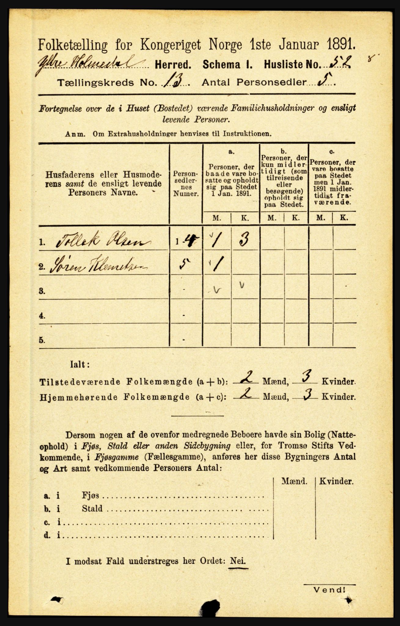 RA, 1891 census for 1429 Ytre Holmedal, 1891, p. 3427