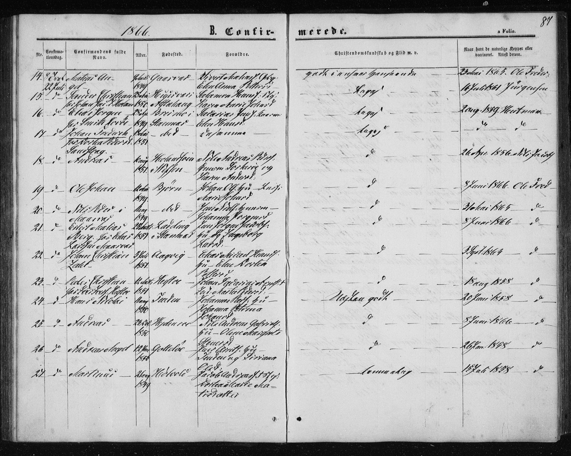 Ministerialprotokoller, klokkerbøker og fødselsregistre - Nordland, SAT/A-1459/834/L0505: Parish register (official) no. 834A03, 1862-1871, p. 87
