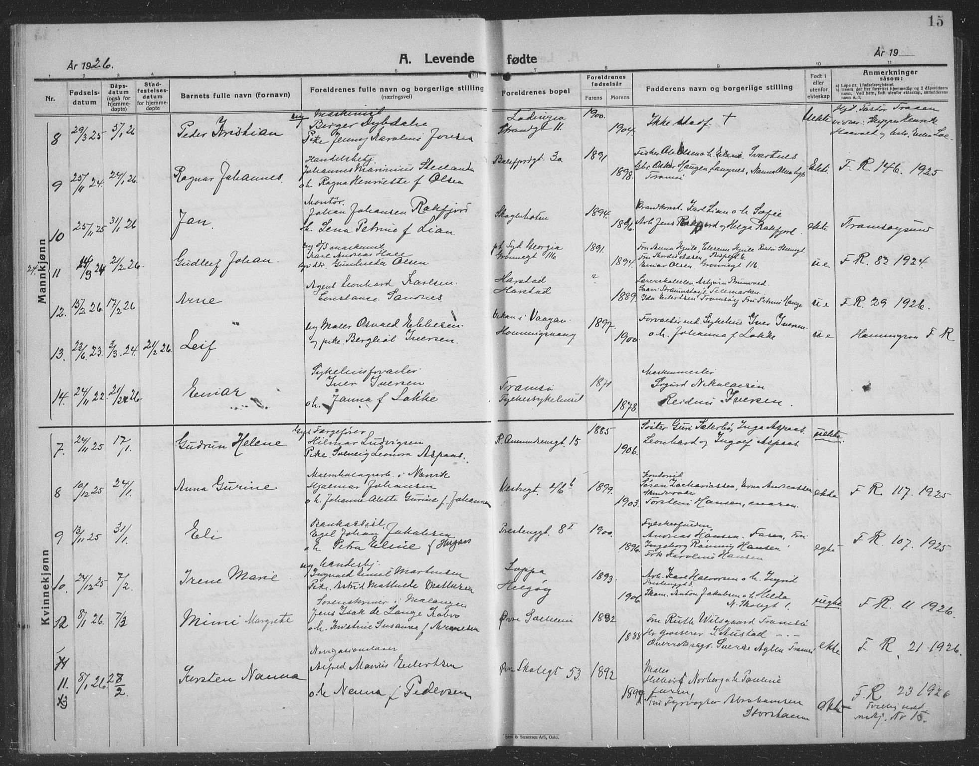 Tromsø sokneprestkontor/stiftsprosti/domprosti, SATØ/S-1343/G/Gb/L0010klokker: Parish register (copy) no. 10, 1925-1937, p. 15