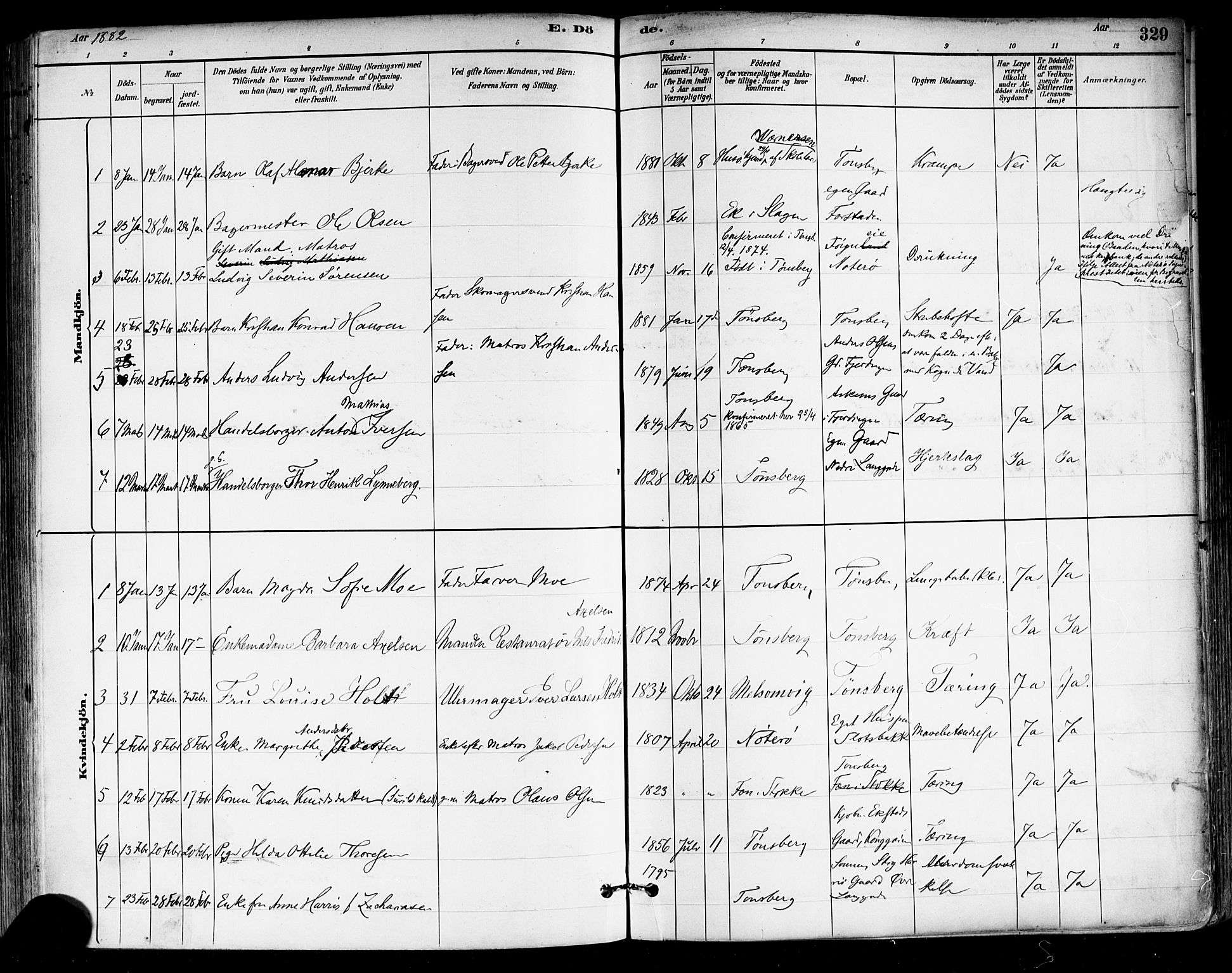 Tønsberg kirkebøker, AV/SAKO-A-330/F/Fa/L0011: Parish register (official) no. I 11, 1881-1890, p. 329