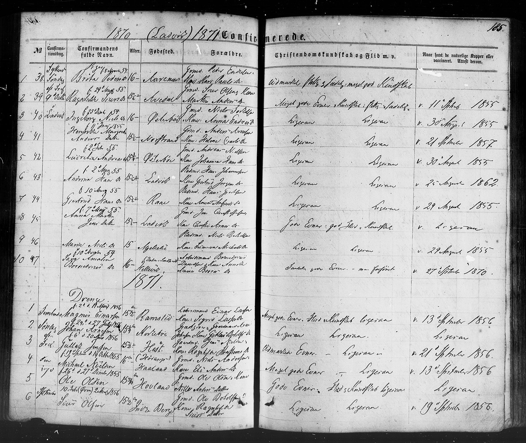 Lavik sokneprestembete, SAB/A-80901: Parish register (official) no. A 4, 1864-1881, p. 185