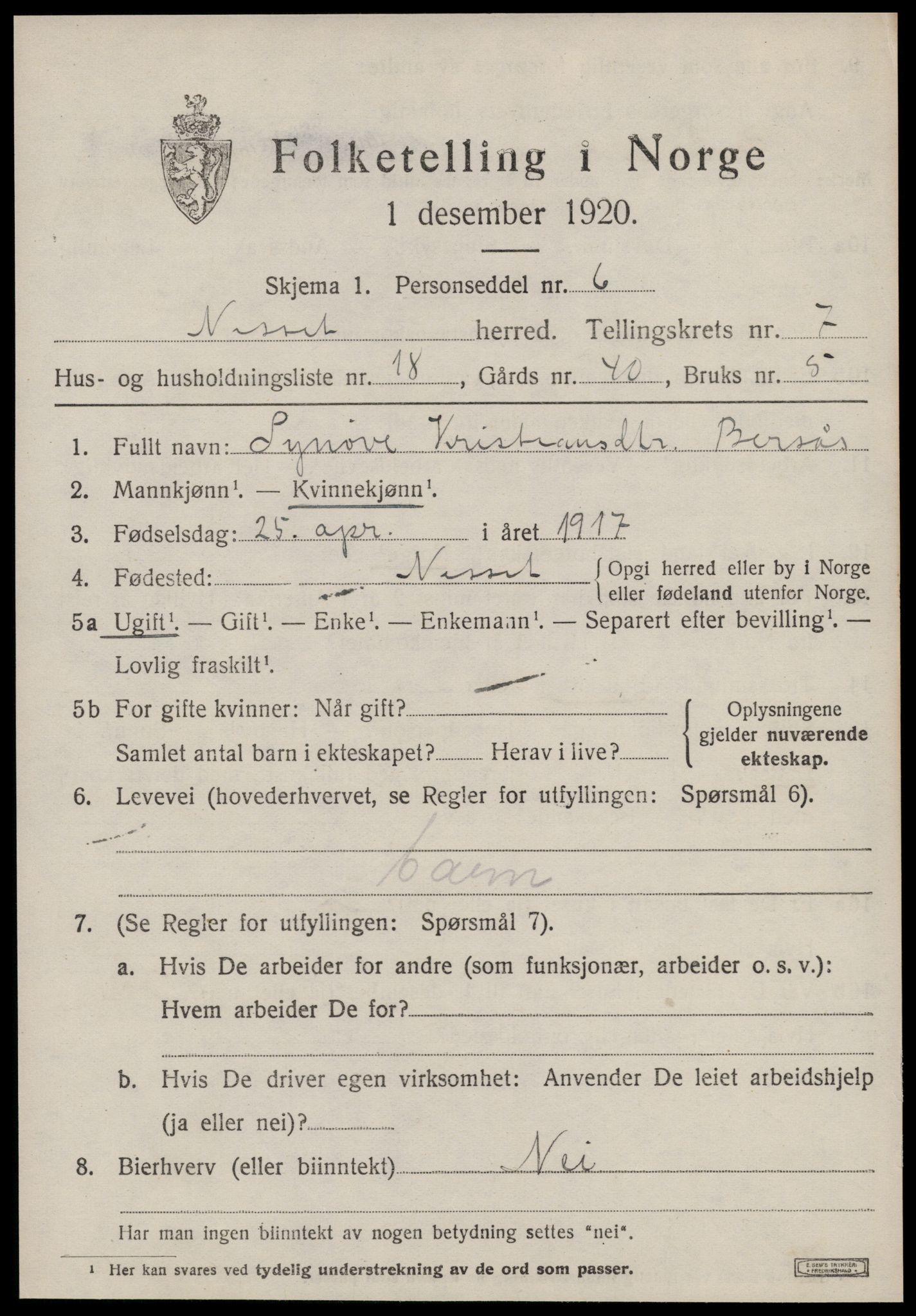 SAT, 1920 census for Nesset, 1920, p. 3464