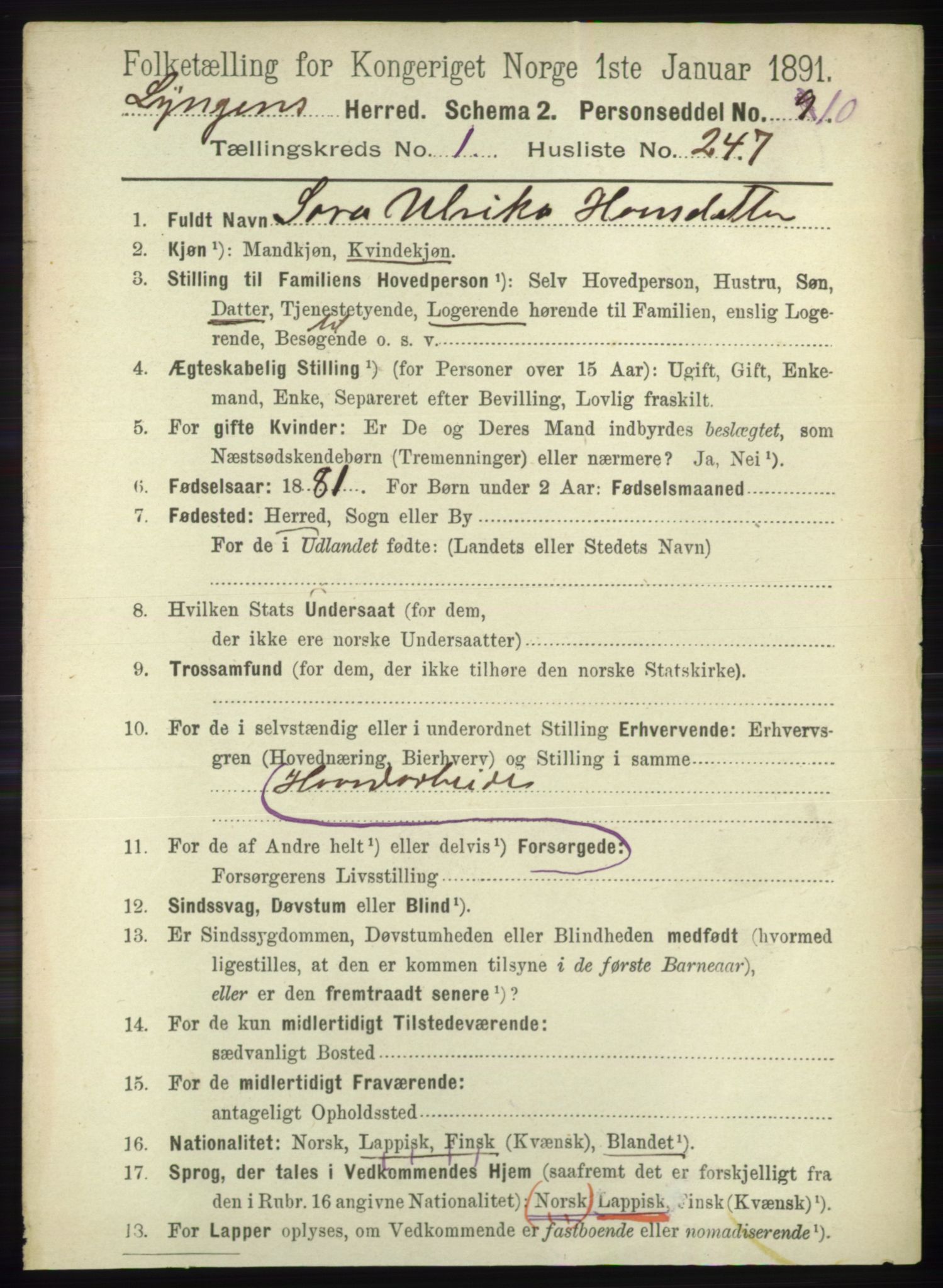 RA, 1891 census for 1938 Lyngen, 1891, p. 1926