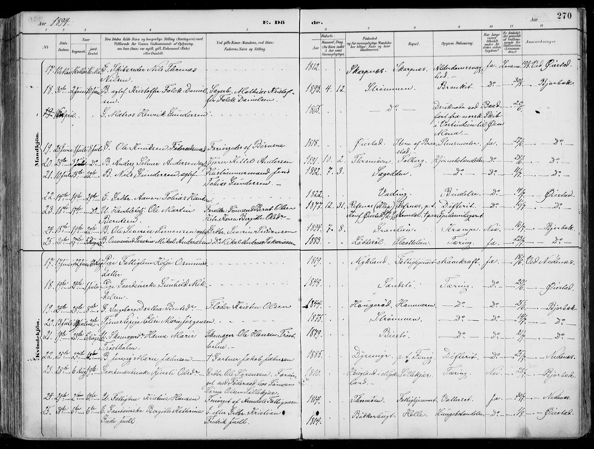 Øyestad sokneprestkontor, AV/SAK-1111-0049/F/Fa/L0017: Parish register (official) no. A 17, 1887-1896, p. 270