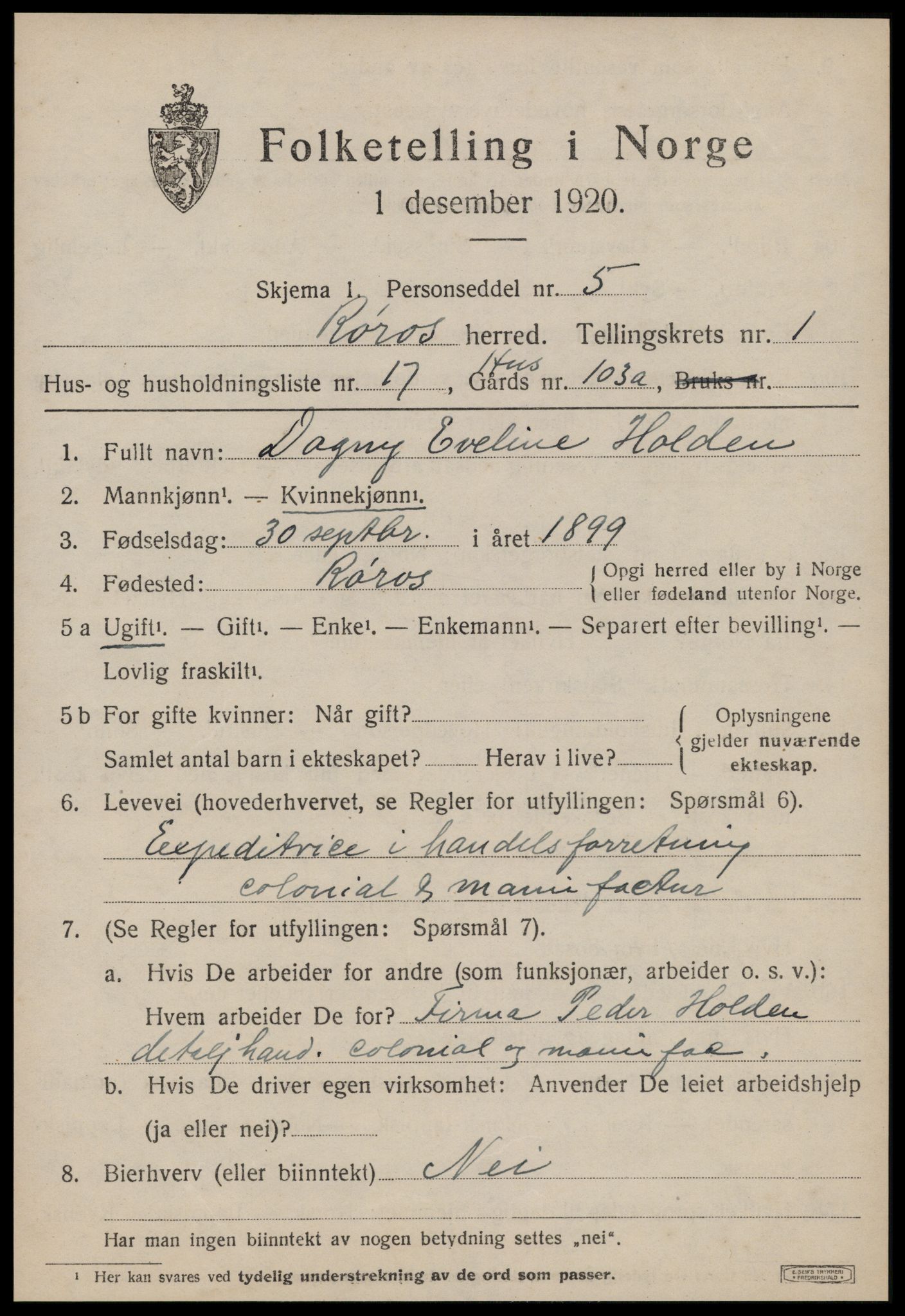 SAT, 1920 census for Røros, 1920, p. 2092