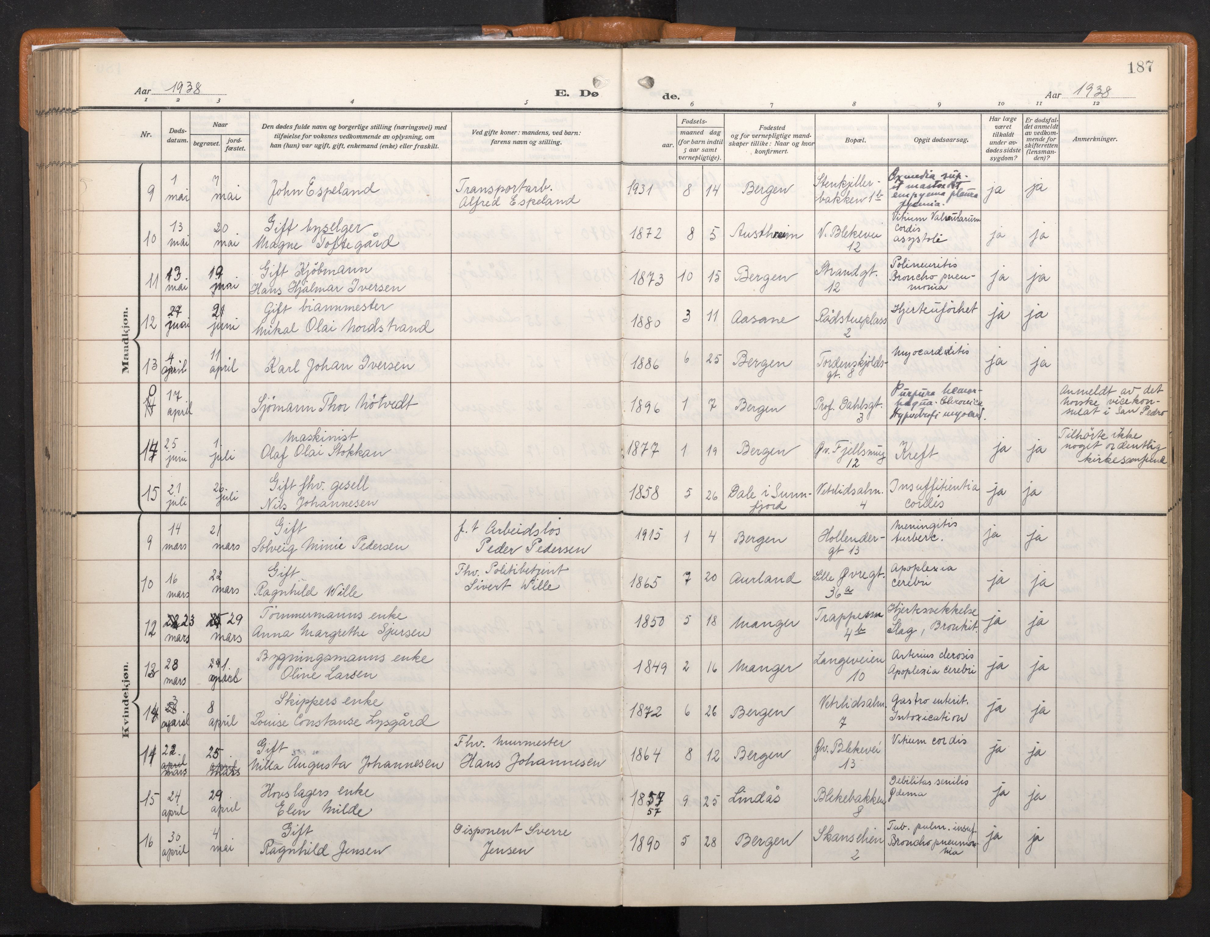 Korskirken sokneprestembete, AV/SAB-A-76101/H/Haa/L0048: Parish register (official) no. E 6, 1910-1960, p. 186b-187a