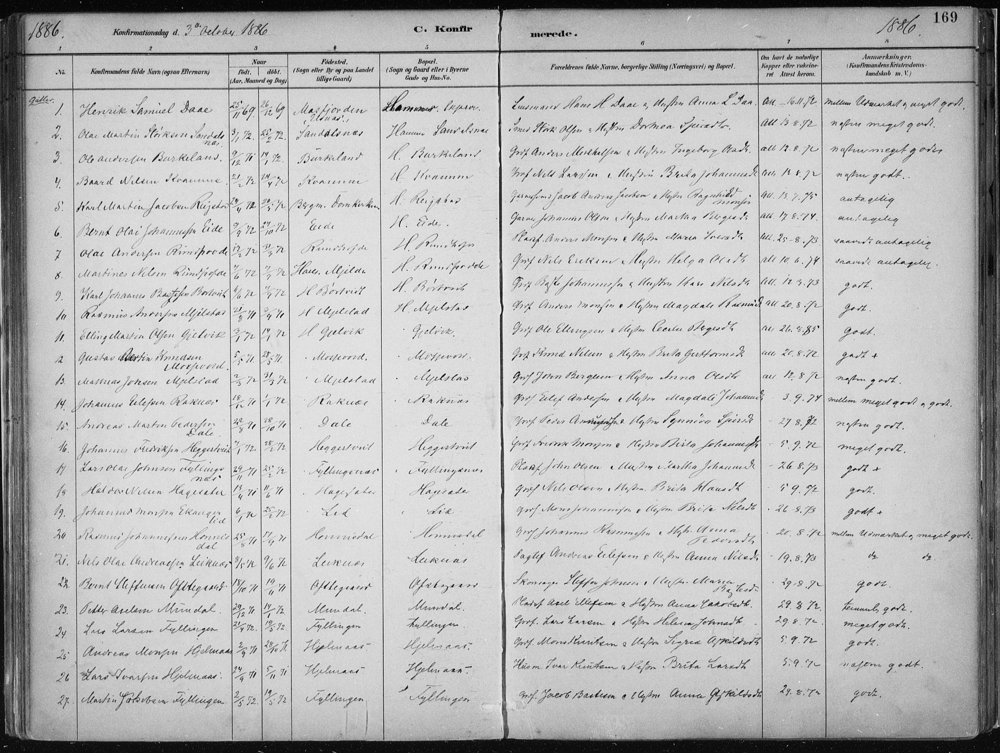 Hamre sokneprestembete, SAB/A-75501/H/Ha/Haa/Haab/L0001: Parish register (official) no. B  1, 1882-1905, p. 169