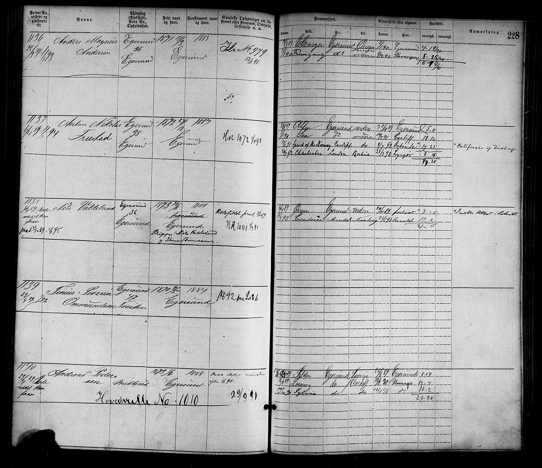 Egersund mønstringskrets, SAK/2031-0019/F/Fa/L0001: Annotasjonsrulle nr 1-1440 med register, O-1, 1869-1895, p. 252