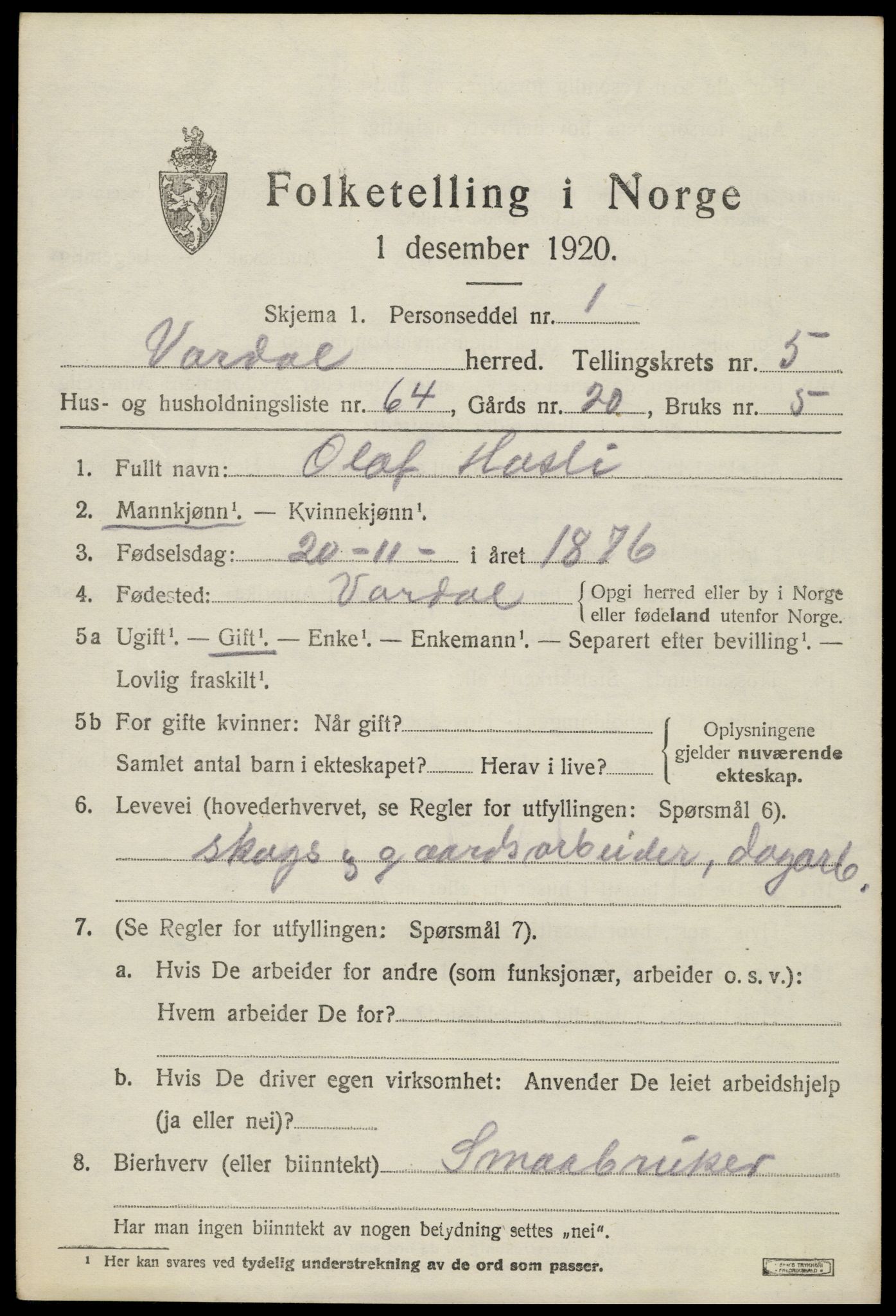 SAH, 1920 census for Vardal, 1920, p. 3853