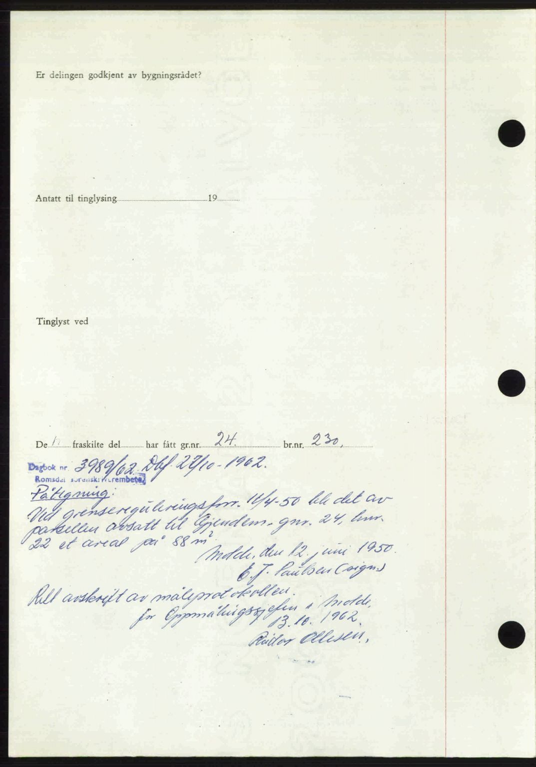 Romsdal sorenskriveri, AV/SAT-A-4149/1/2/2C: Mortgage book no. A30, 1949-1949, Diary no: : 2096/1949