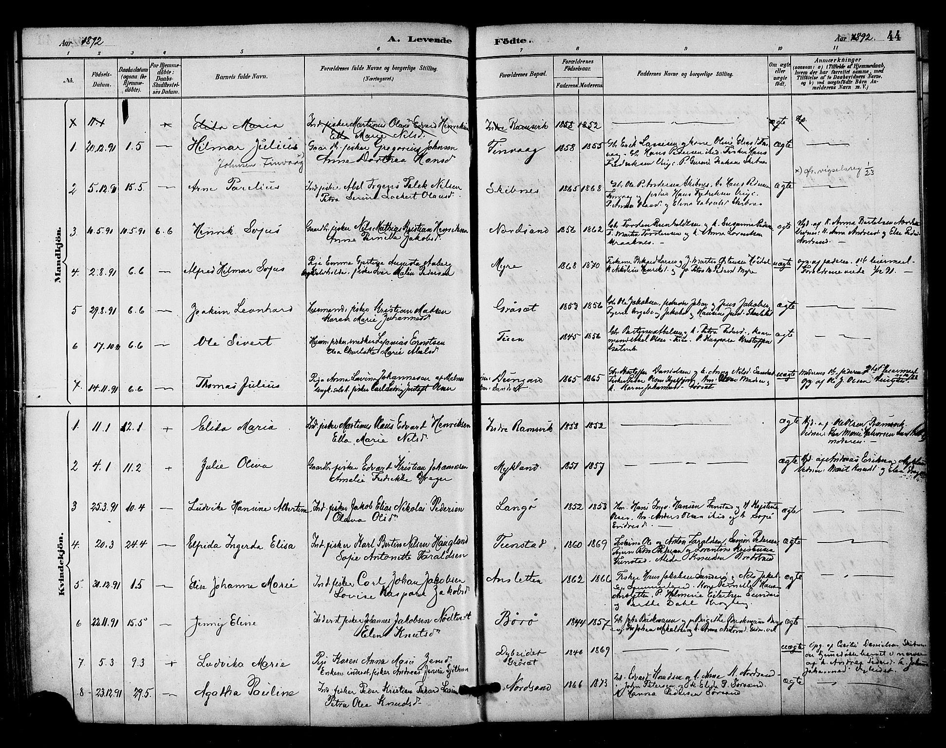 Ministerialprotokoller, klokkerbøker og fødselsregistre - Nordland, AV/SAT-A-1459/893/L1337: Parish register (official) no. 893A09, 1885-1893, p. 44