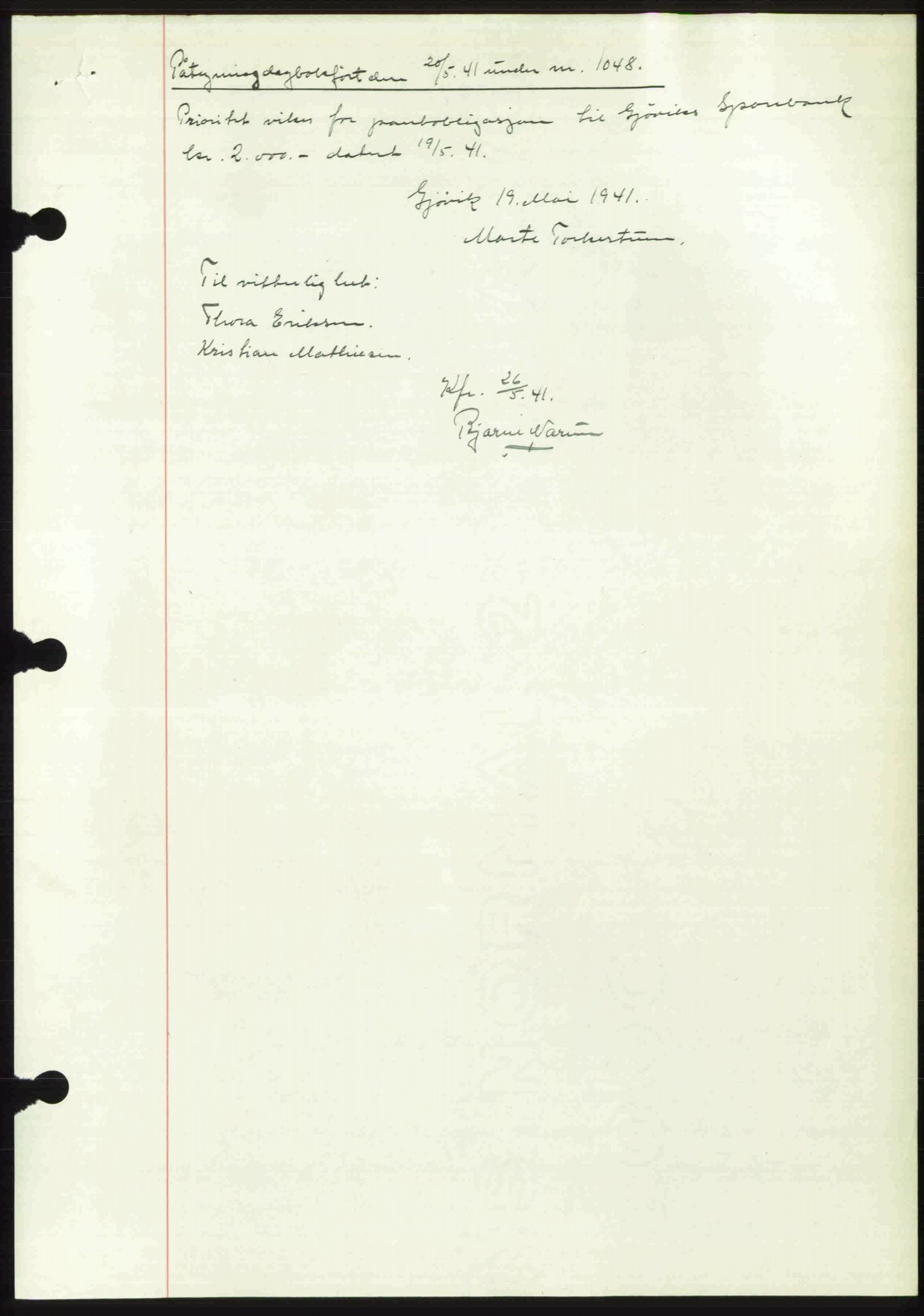Toten tingrett, SAH/TING-006/H/Hb/Hbc/L0008: Mortgage book no. Hbc-08, 1941-1941, Diary no: : 1045/1941