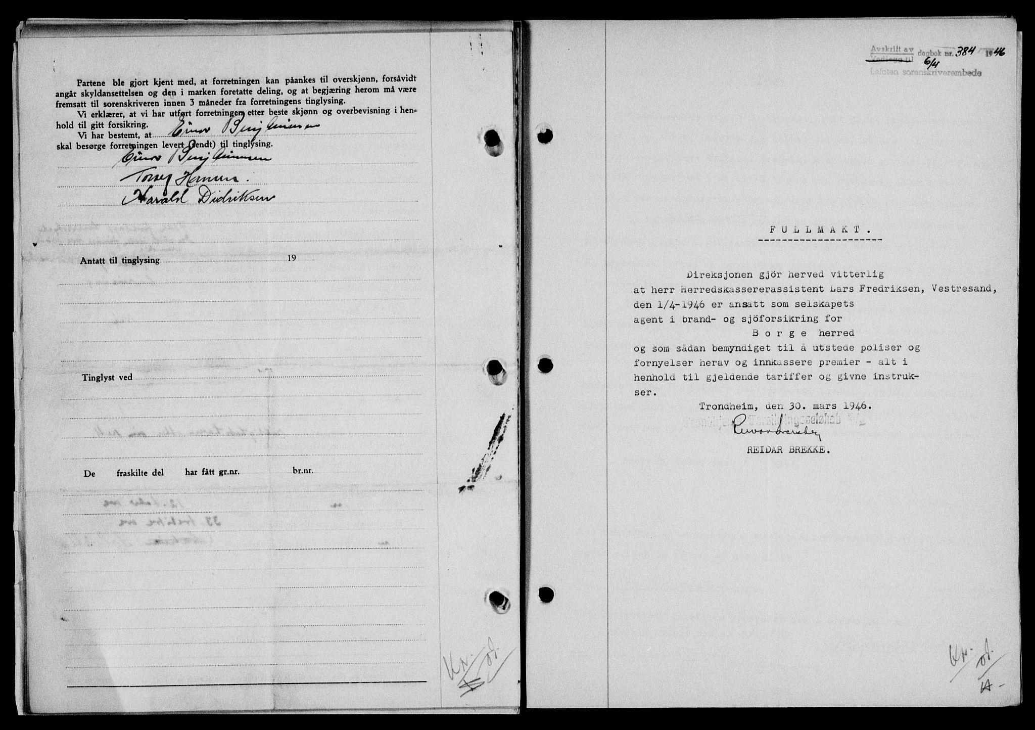 Lofoten sorenskriveri, SAT/A-0017/1/2/2C/L0013a: Mortgage book no. 13a, 1944-1946, Diary no: : 384/1946