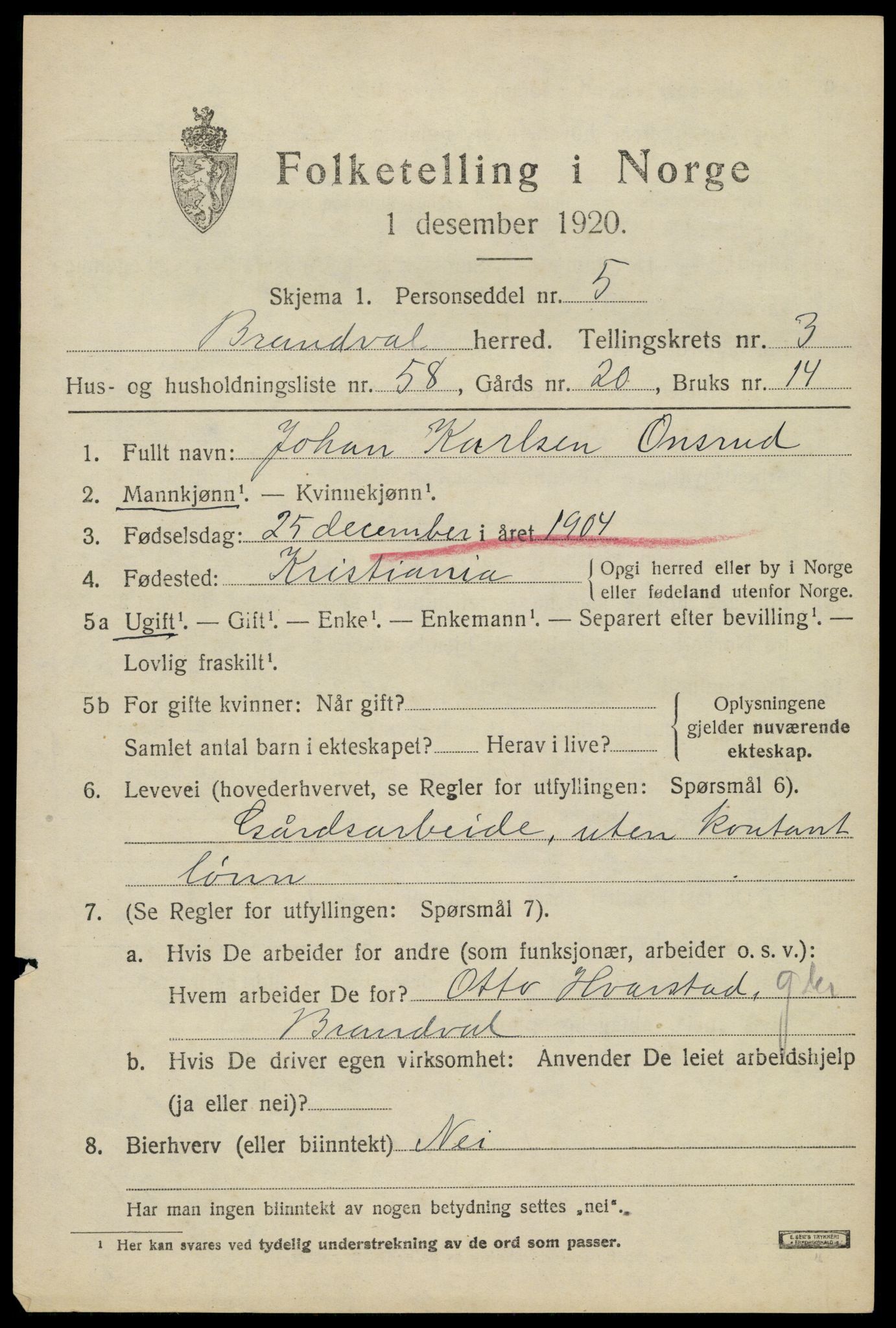 SAH, 1920 census for Brandval, 1920, p. 3760