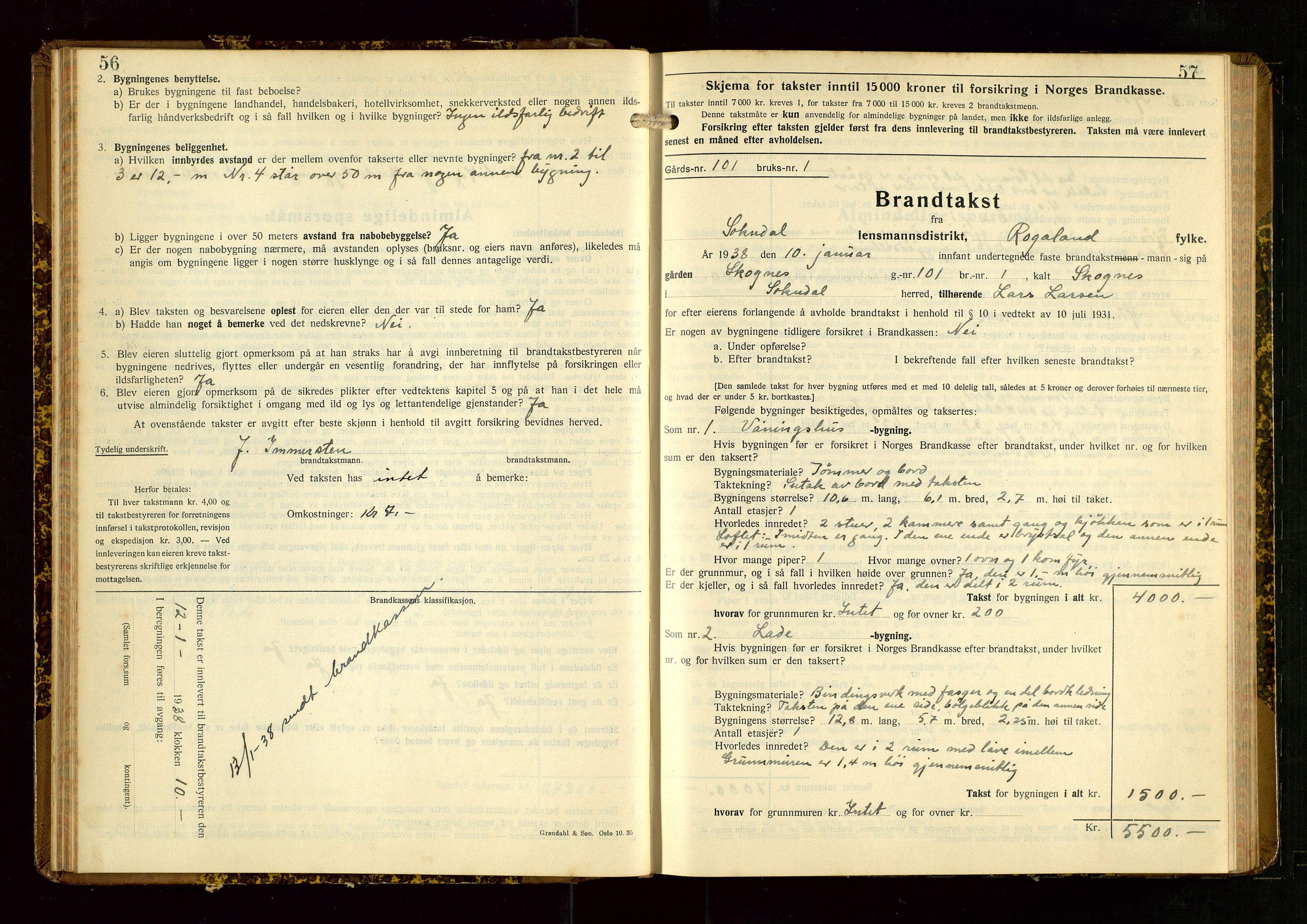 Sokndal lensmannskontor, AV/SAST-A-100417/Gob/L0008: "Brandtakst-Protokoll", 1937-1955, p. 56-57