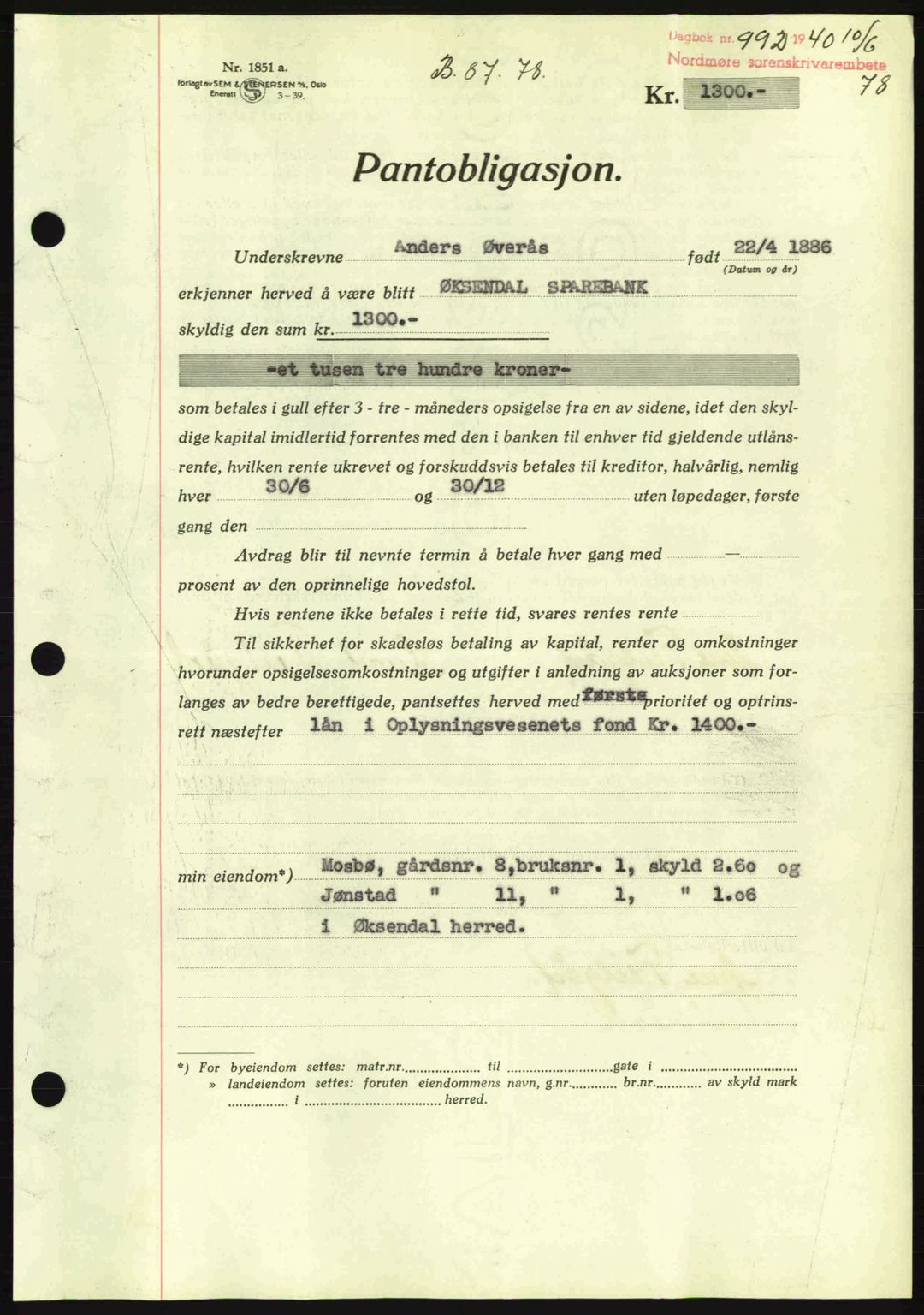 Nordmøre sorenskriveri, AV/SAT-A-4132/1/2/2Ca: Mortgage book no. B87, 1940-1941, Diary no: : 992/1940