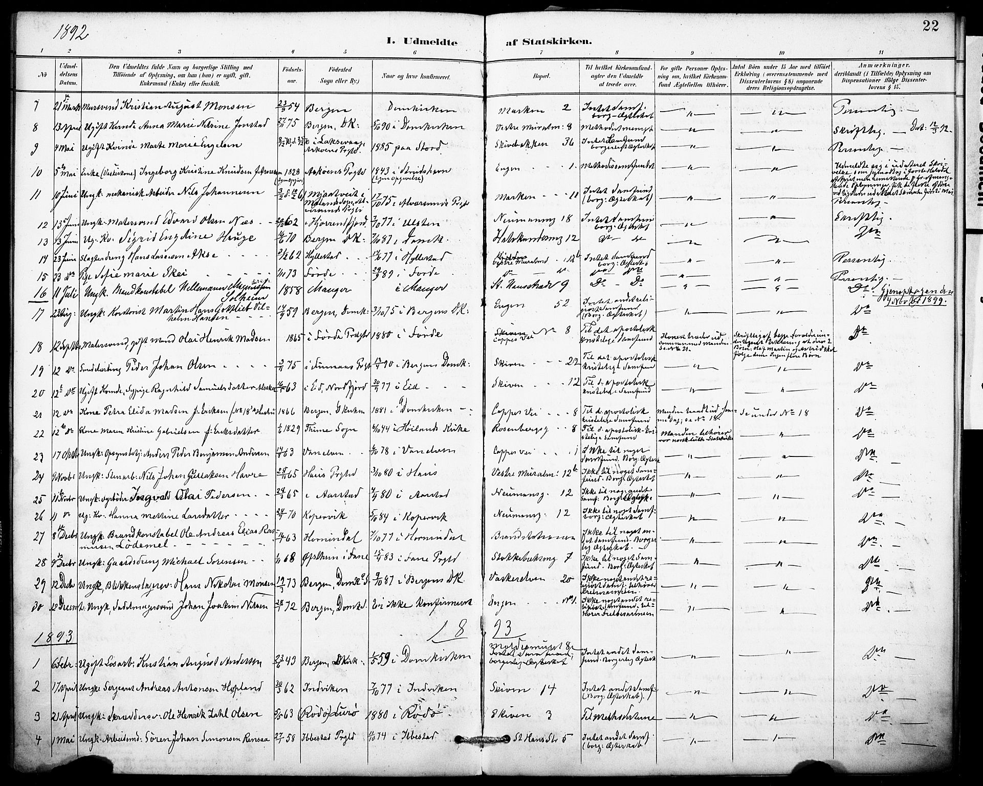 Domkirken sokneprestembete, SAB/A-74801/H/Haa: Parish register (official) no. I 1, 1887-1908, p. 22