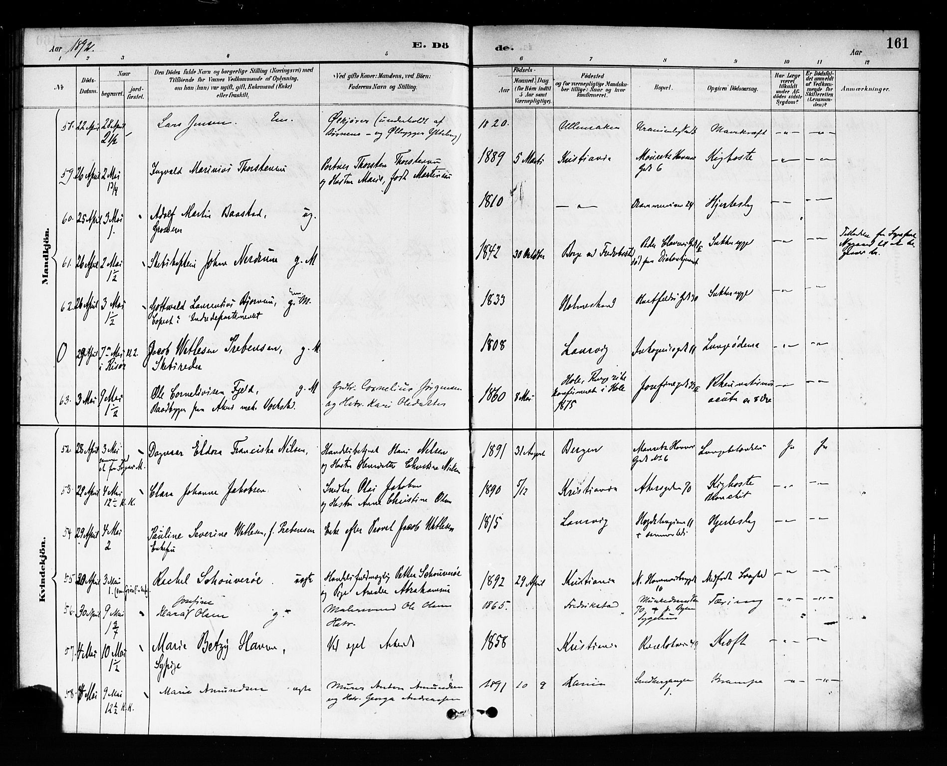 Trefoldighet prestekontor Kirkebøker, AV/SAO-A-10882/F/Fd/L0003: Parish register (official) no. IV 3, 1885-1896, p. 161