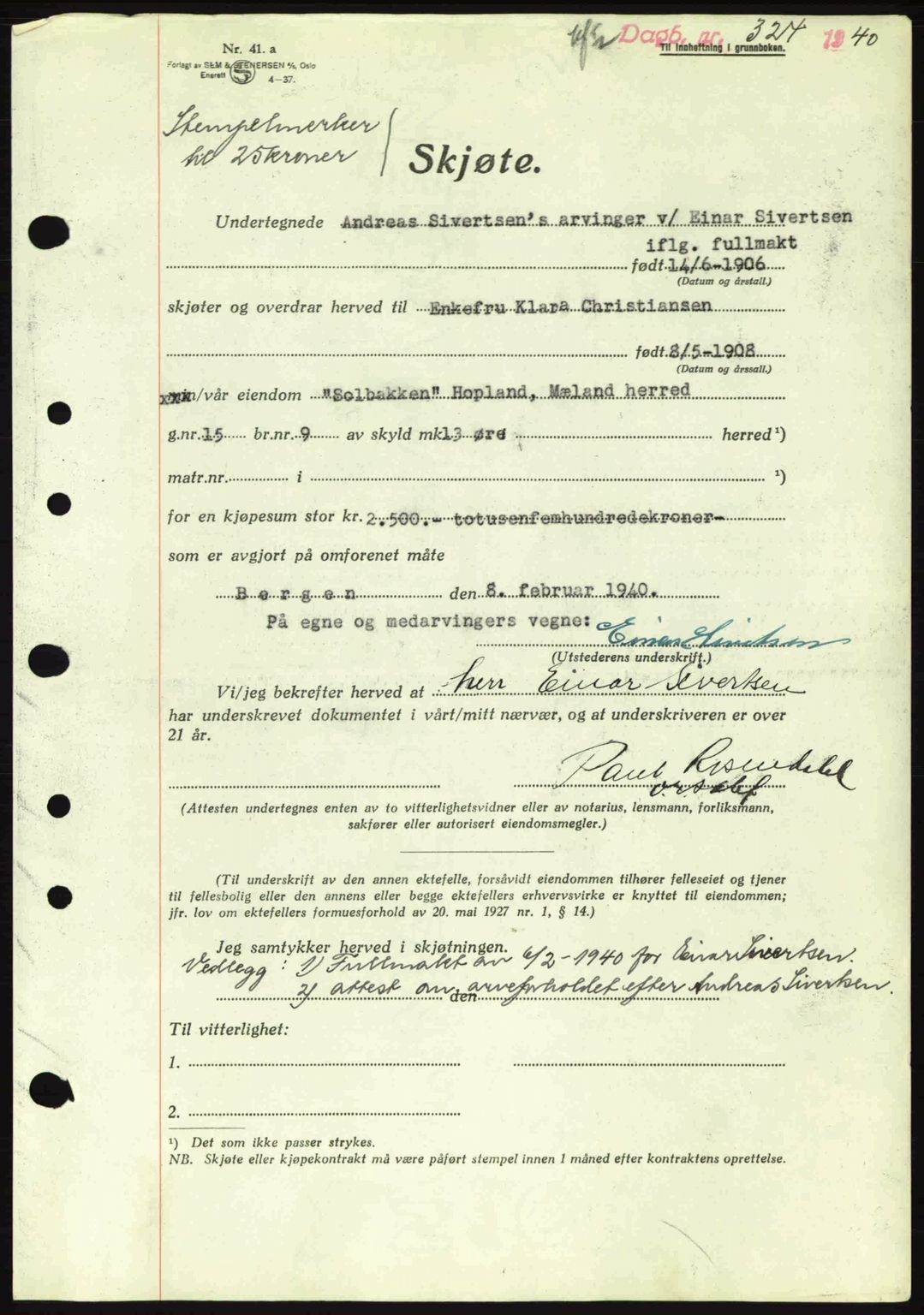 Nordhordland sorenskrivar, AV/SAB-A-2901/1/G/Gb/Gbf/L0010: Mortgage book no. A10, 1939-1940, Diary no: : 324/1940