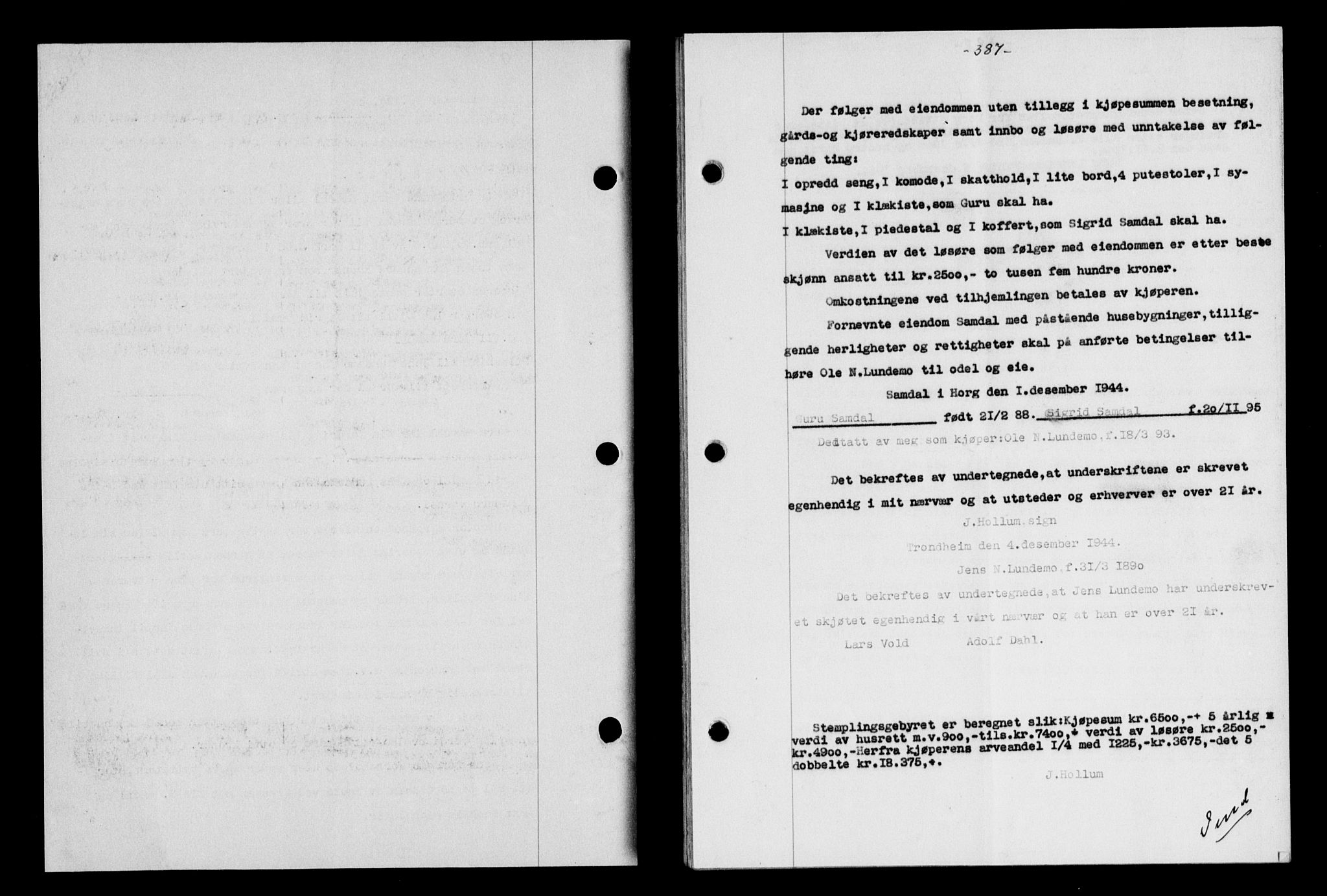 Gauldal sorenskriveri, SAT/A-0014/1/2/2C/L0058: Mortgage book no. 63, 1944-1945, Diary no: : 1154/1944